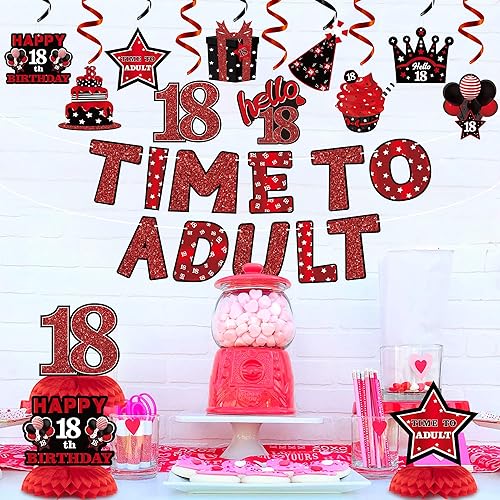 Miniatura 4 de WATINC Juego de 26 decoraciones de fiesta de cumpleaños rojo y negro de 18 piezas, decoración de cumpleaños de 18 años, pancarta colgante