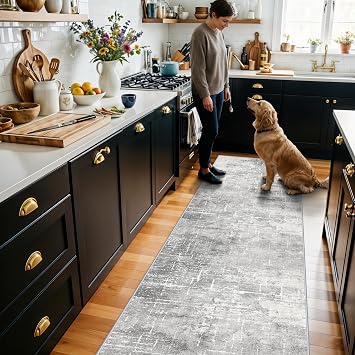 Washable 2x10 Kitchen Runner Rug Abstract Farmhouse Bathroom Entryway Rug Soft Stain-Resistant Hallway Floor Mat Non-Slip Indoor Non-Shedding Carpet for Nursery Living Room Bedroom 2x10,Light/Grey
