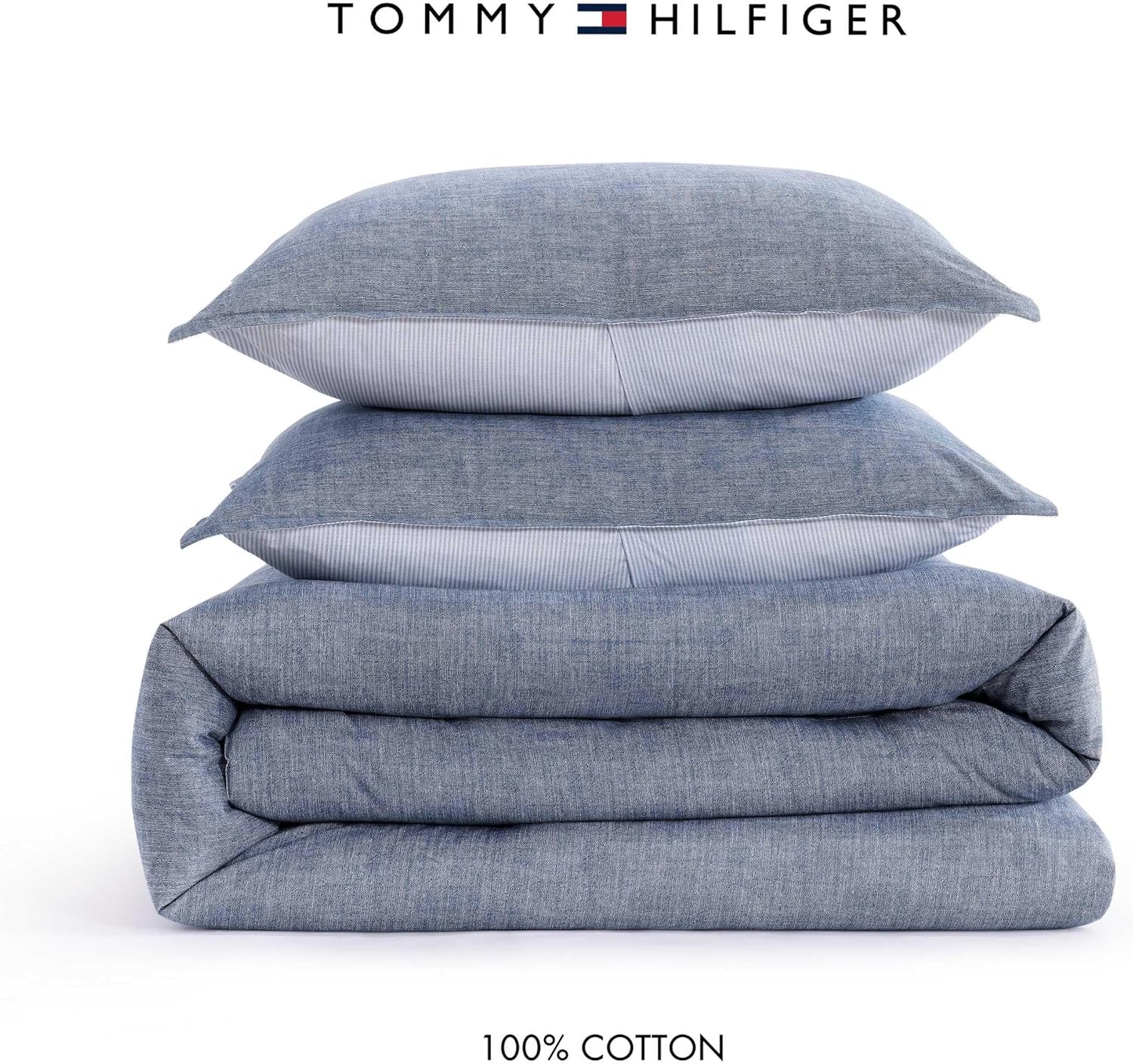 Tommy Hilfiger - Full/Queen Comforter Set, Textured Cotton Plain Weave Bedding with Matching Shams, Reversible, Medium Weight for Year-Round Use, Oeko-Tex Certified (Dark Blue)