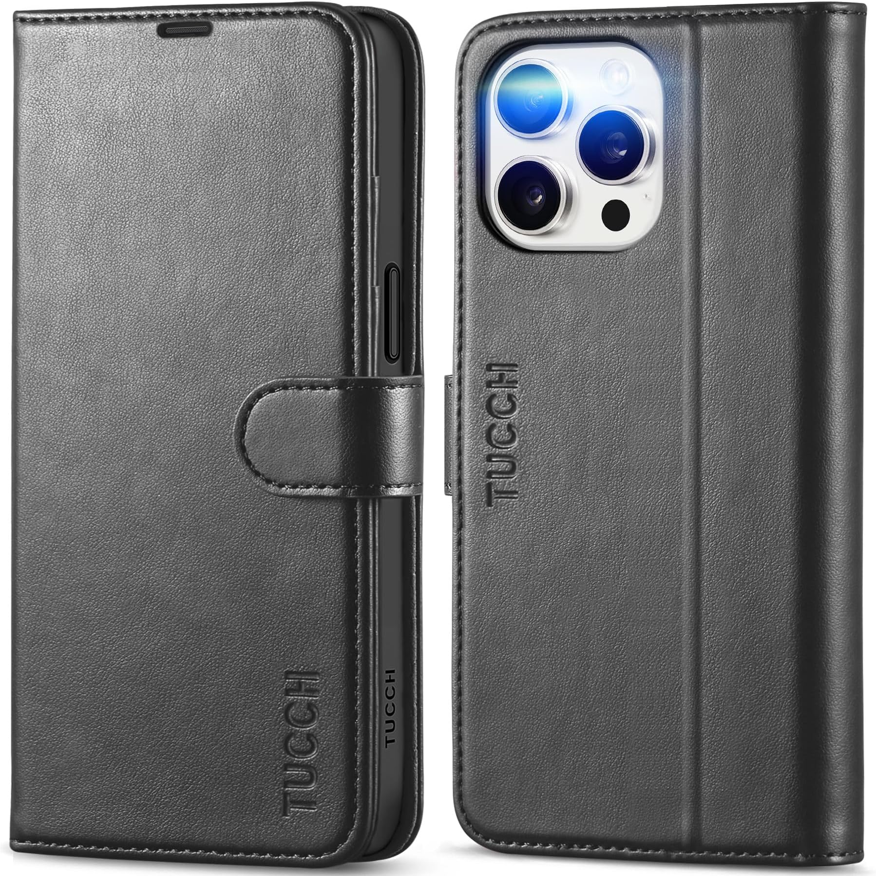 TUCCH Case Wallet for iPhone 15 Pro Max, RFID Blocking 4 Card Holder Kickstand Shockproof TPU Inner Case, PU Leather Magnetic Flip Folio Cover, Black