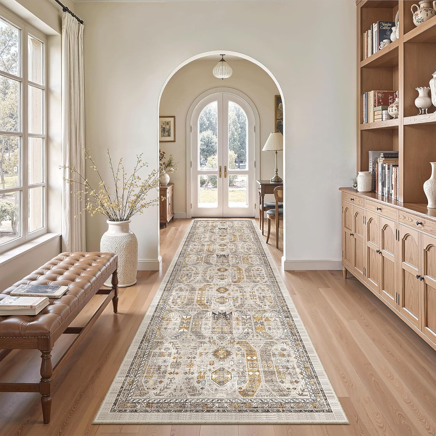 Madane Hallway Runner Rug 2'6''x10' Kitchen Runner, Non Slip Vintage Runners for Hallways Washable Kitchen Rugs Soft Low Pile 2.5x10 ft Rug Runner for Laundry Room, Entryway and Bedroom, Brown/Gold Brown/Gold 2'6" x 10' (Runner)