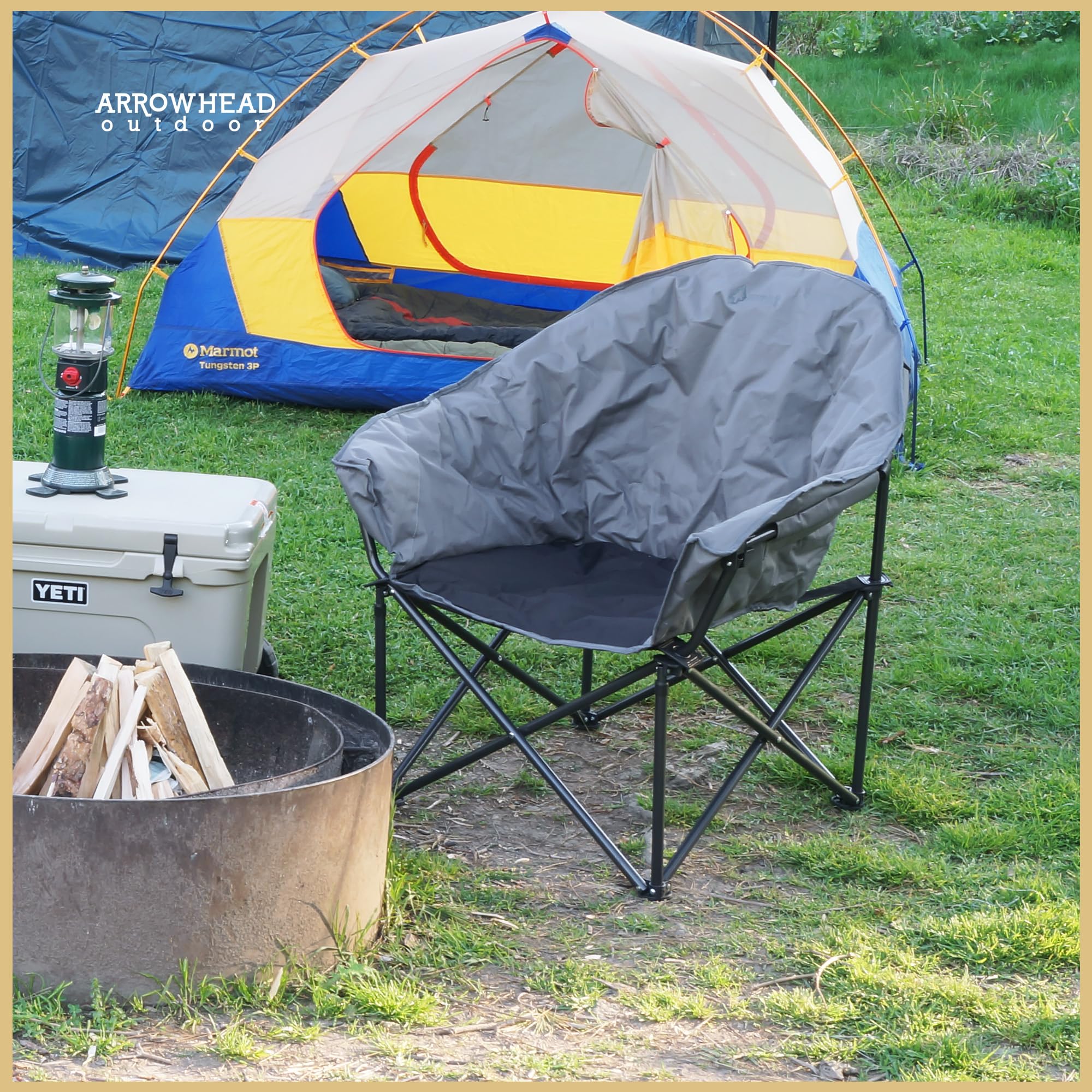 ARROWHEAD OUTDOOR Bardzo duże wytrzymałe krzesło kempingowe klubowe z kieszenią zewnętrzną, uchwytem na napoje, przenośne, wyściełane, księżycowe, okrągłe, spodek, nośność 150 kg, torba do noszenia,