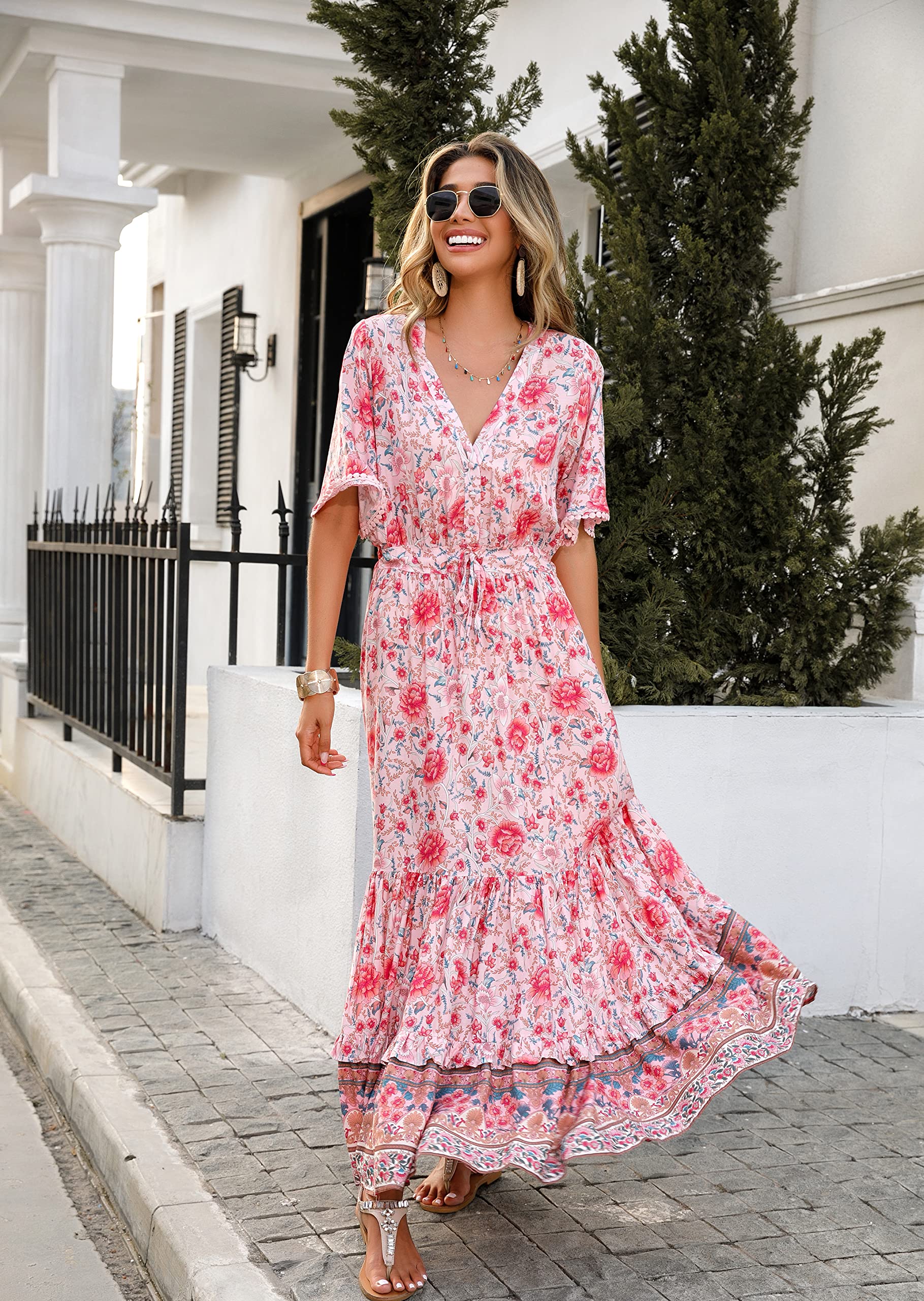R.Vivimos Femmes D'été Cou en V Bouton à Manches Courtes Robe Bohème Fleur Longue Robe A Ligne Volants Longue Plage Robe