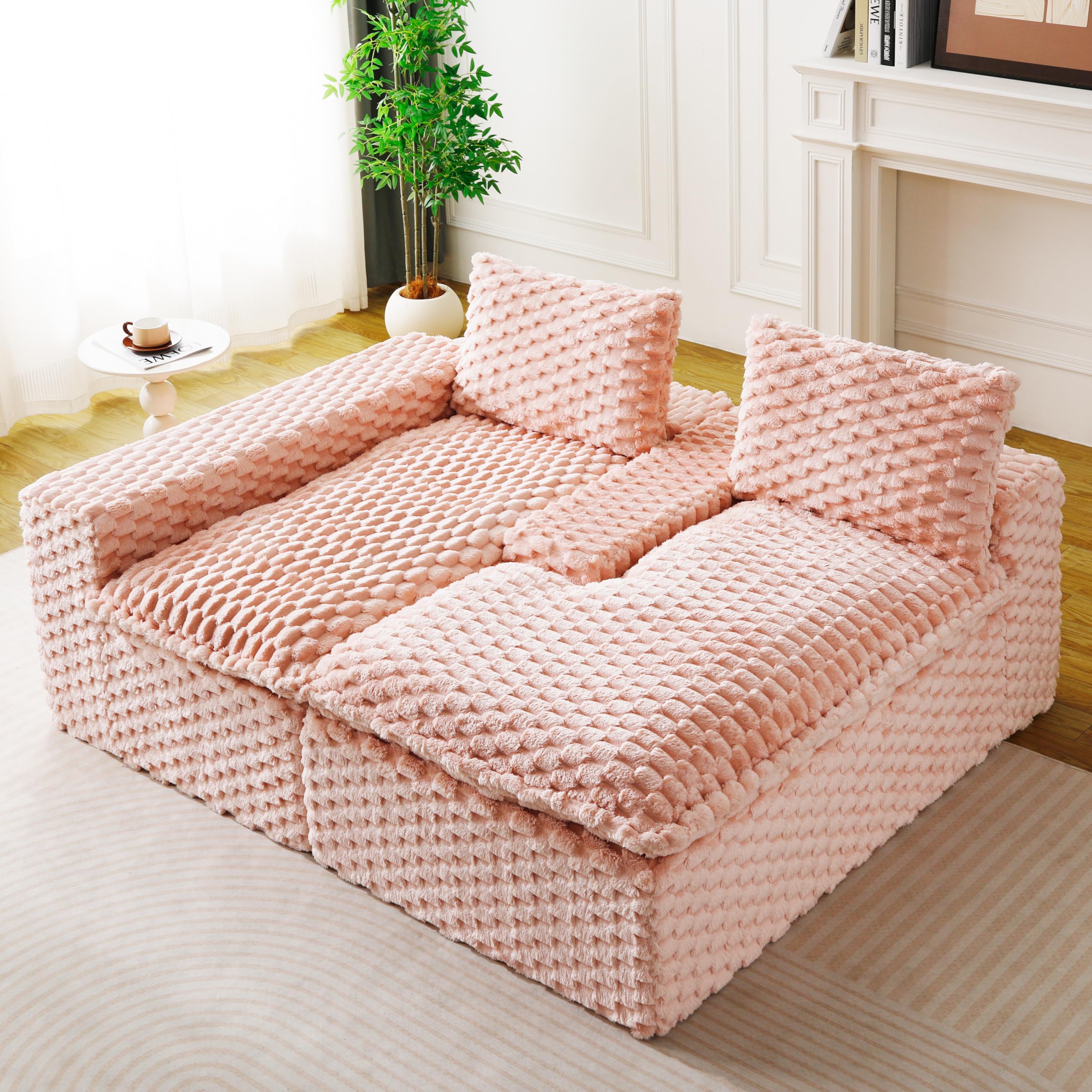 KEIKI 96" L-Shape Modular Boneless Sectional Sofa Couch with Left Chaise for Living Room, Deep Seat Oversized Loveseat Convertible Sofa Bed for Feminine Apartment Studio, Pet Friendly, Pink