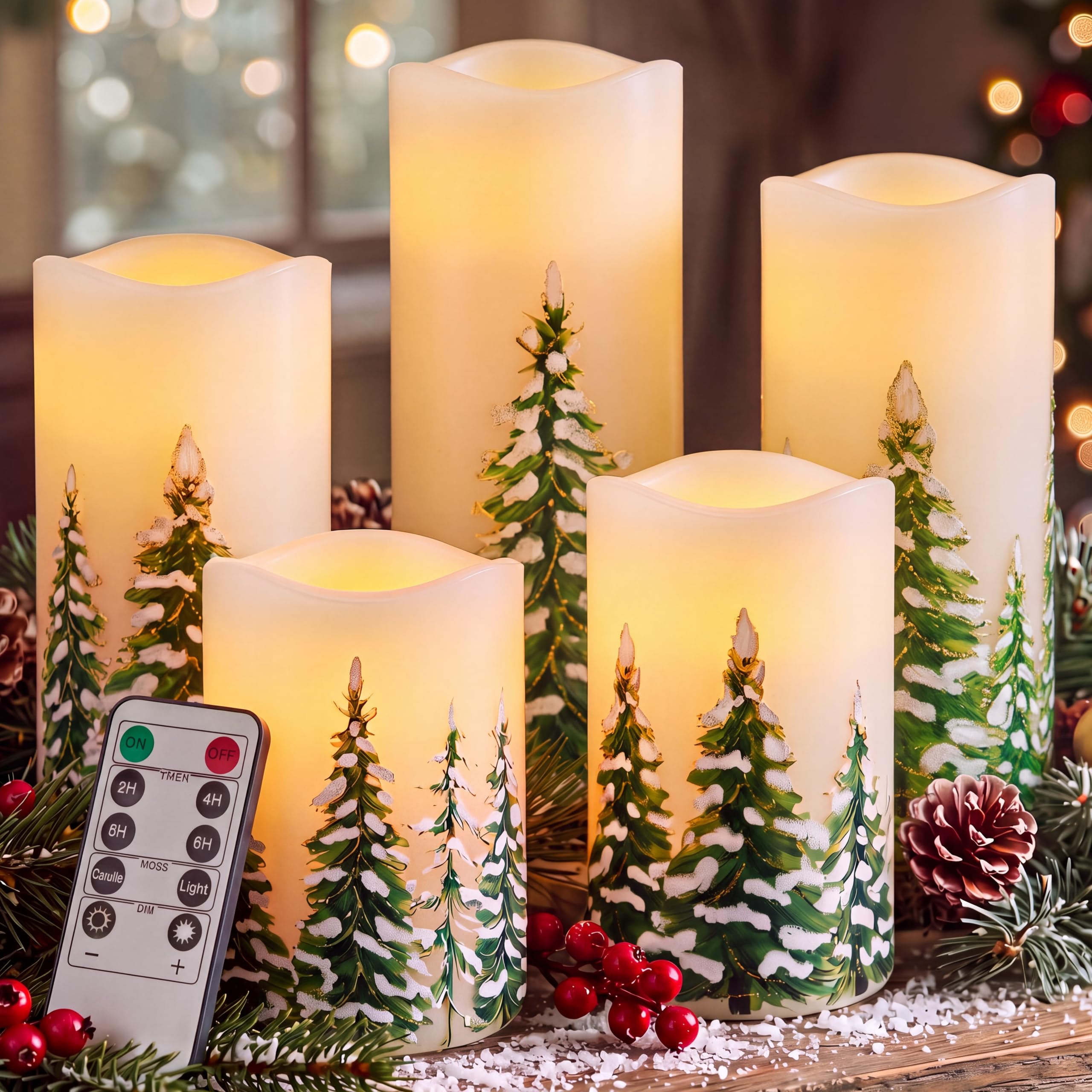 Baquler Confezione da 5 candele tremolanti senza fiamma per albero di Natale, candele a LED in vera cera, con timer, funzionamento a batteria, candele calde senza fiamma, 7,6 x 10,2 cm, 15,6 cm, 17,8