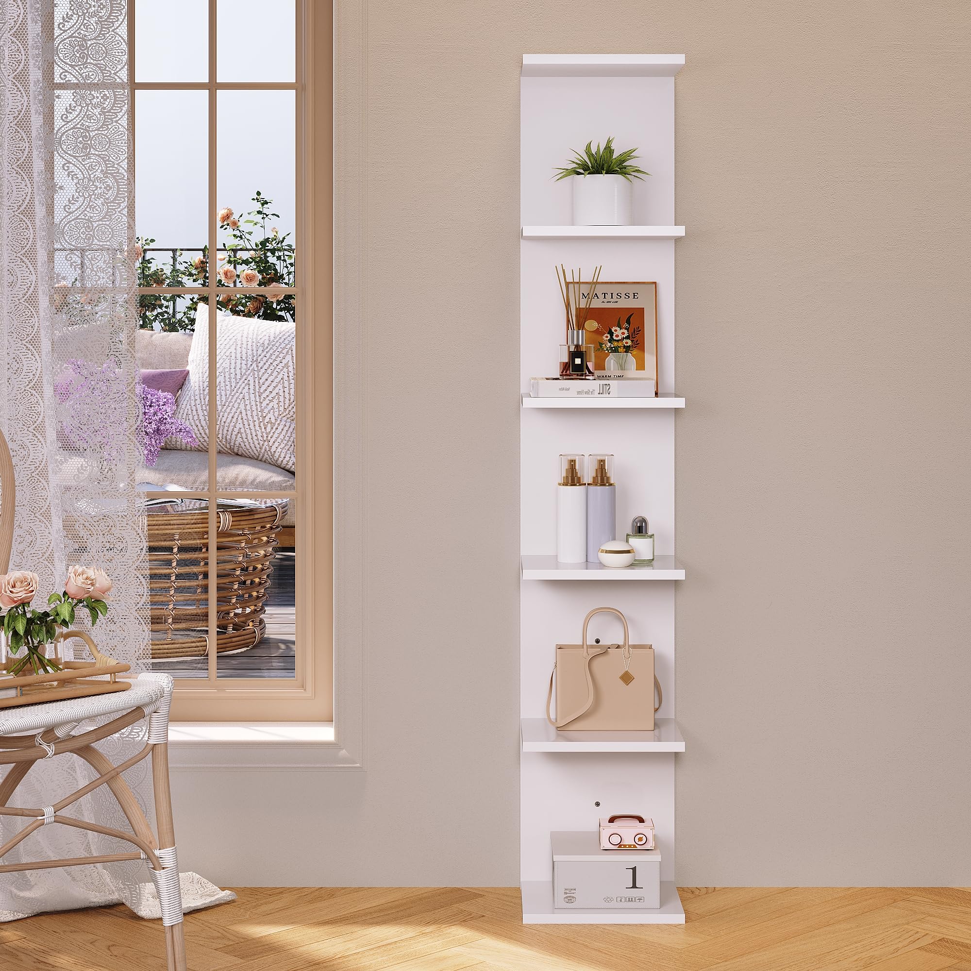 SONNI Estantería de pared, estantería de pie de 6 niveles, pared y variante de pie, industrial para libros, medios y decoración, montaje flexible en salón, cocina u oficina en casa, color blanco, 30 x
