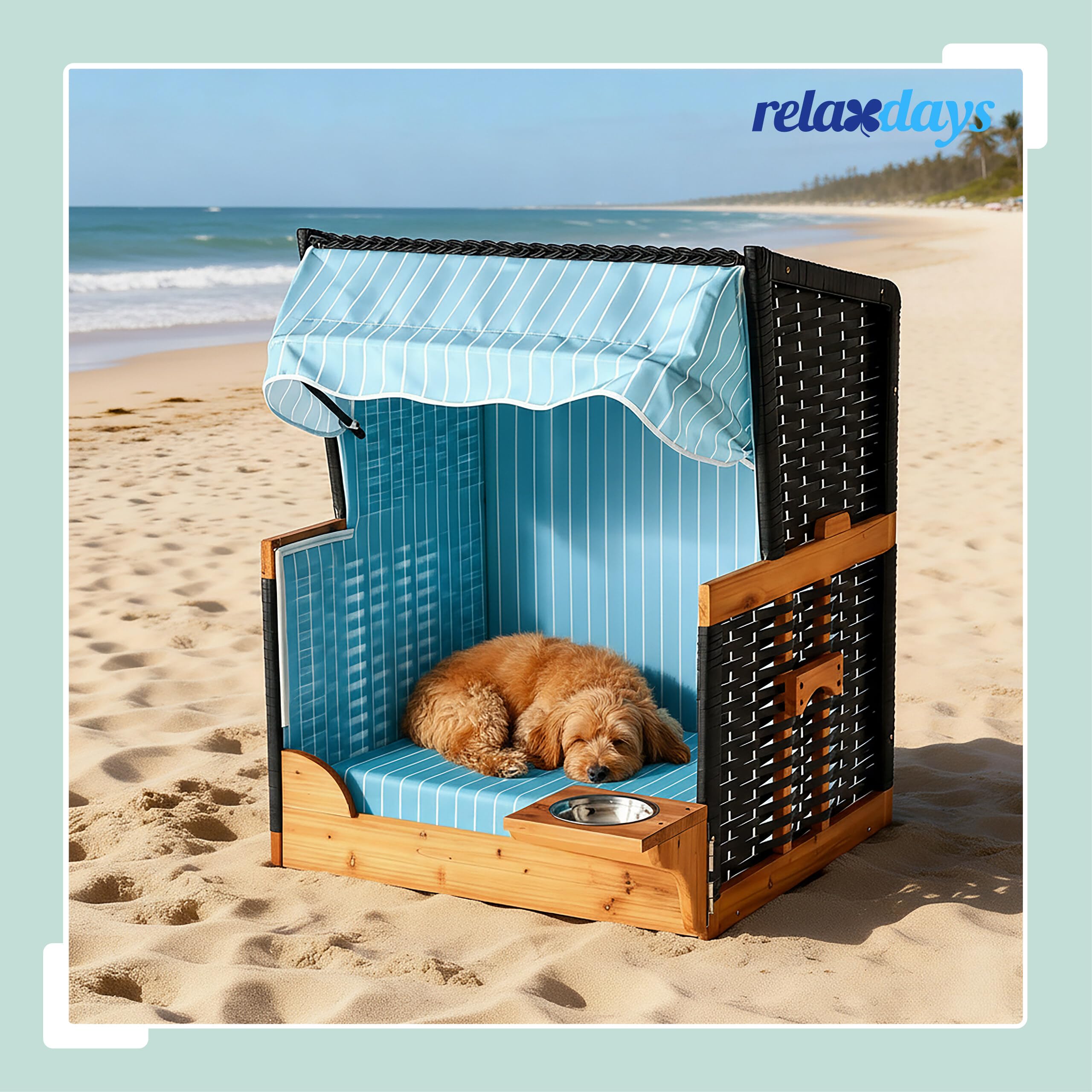 Relaxdays Hundestrandkorb, Rattan, mit Napf, Hundesessel mit Dach, HBT: 95x75x65 cm, Garten & Terrasse, Holz, hellblau