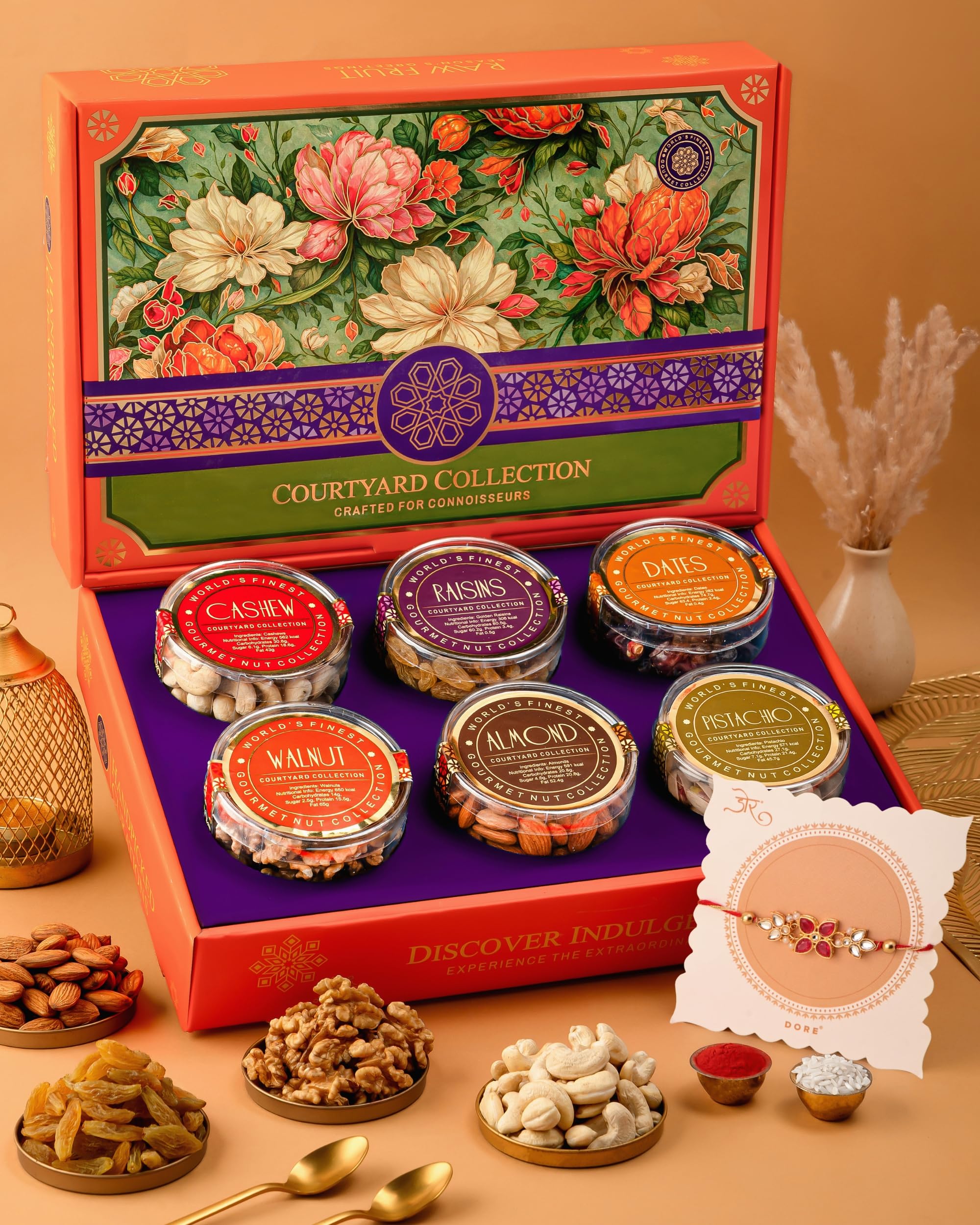 Hyperfoods® Rakhi With Dry Fruits 745g RawFruit Courtyard Collection Pack of 6 Dry Fruits Gift Box Rakhi Combo Set for Brother DryFruits Gift Pack DryFruits Combo Pack
