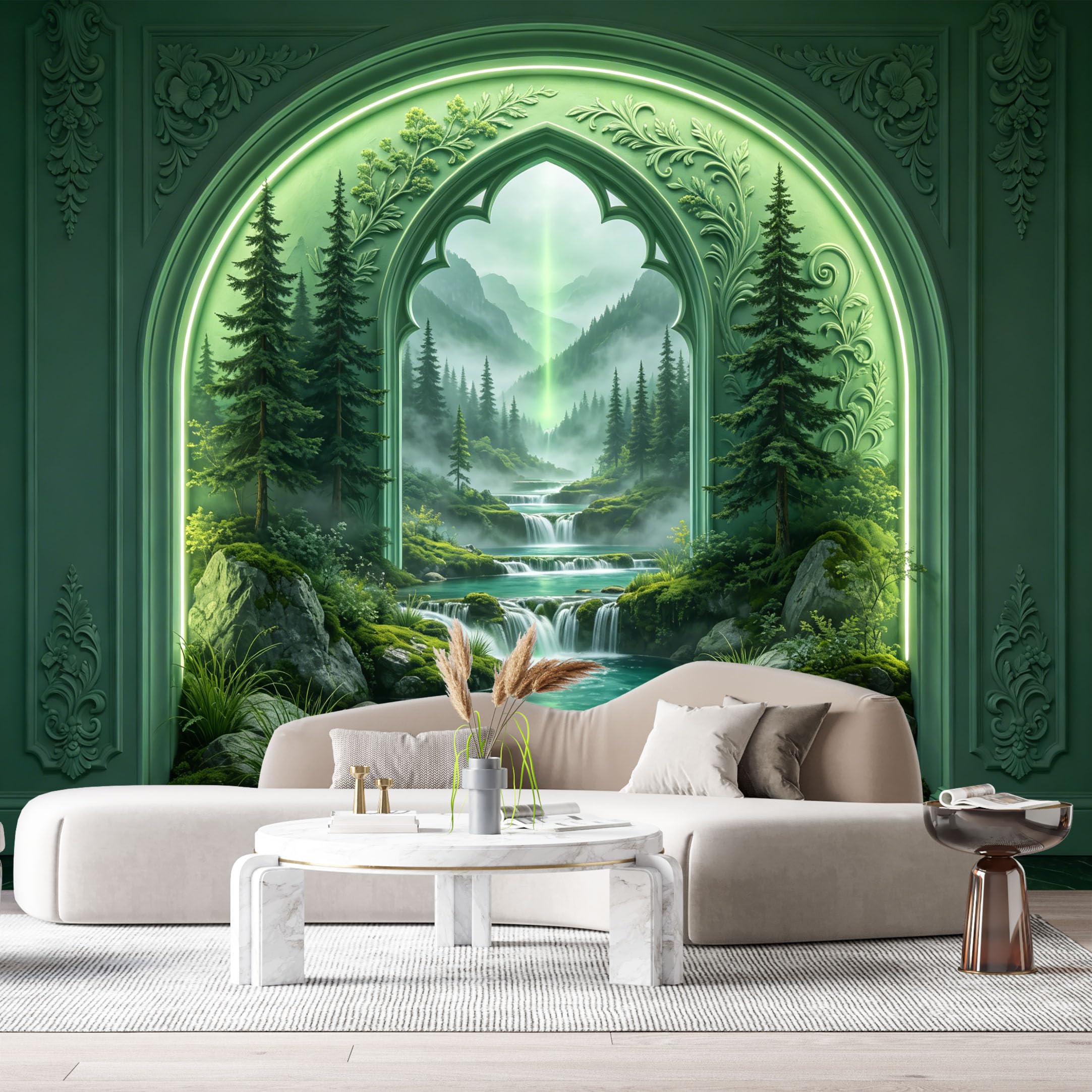Custom Size Wall Murals Fantasy Waterfall Mountain Landscape Misty Forest 3D Trompe L'Oeil SelfAdhesiveWall Fabric Removable Wallpaper Wall Decor for Living Room Bedroom Bathroom