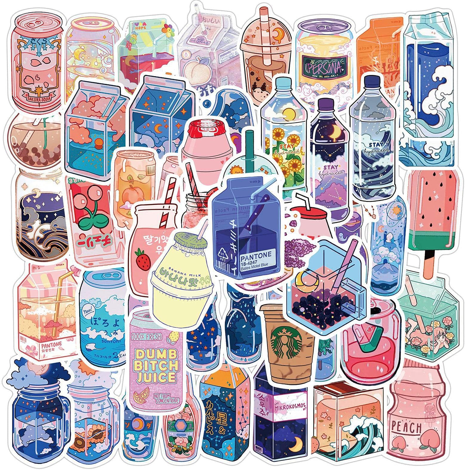 Decorative Wall Art, 50PcsBag Beverage Stickers Water-Proof Cute Pink Blue PVC Vinyl Sticker, 2