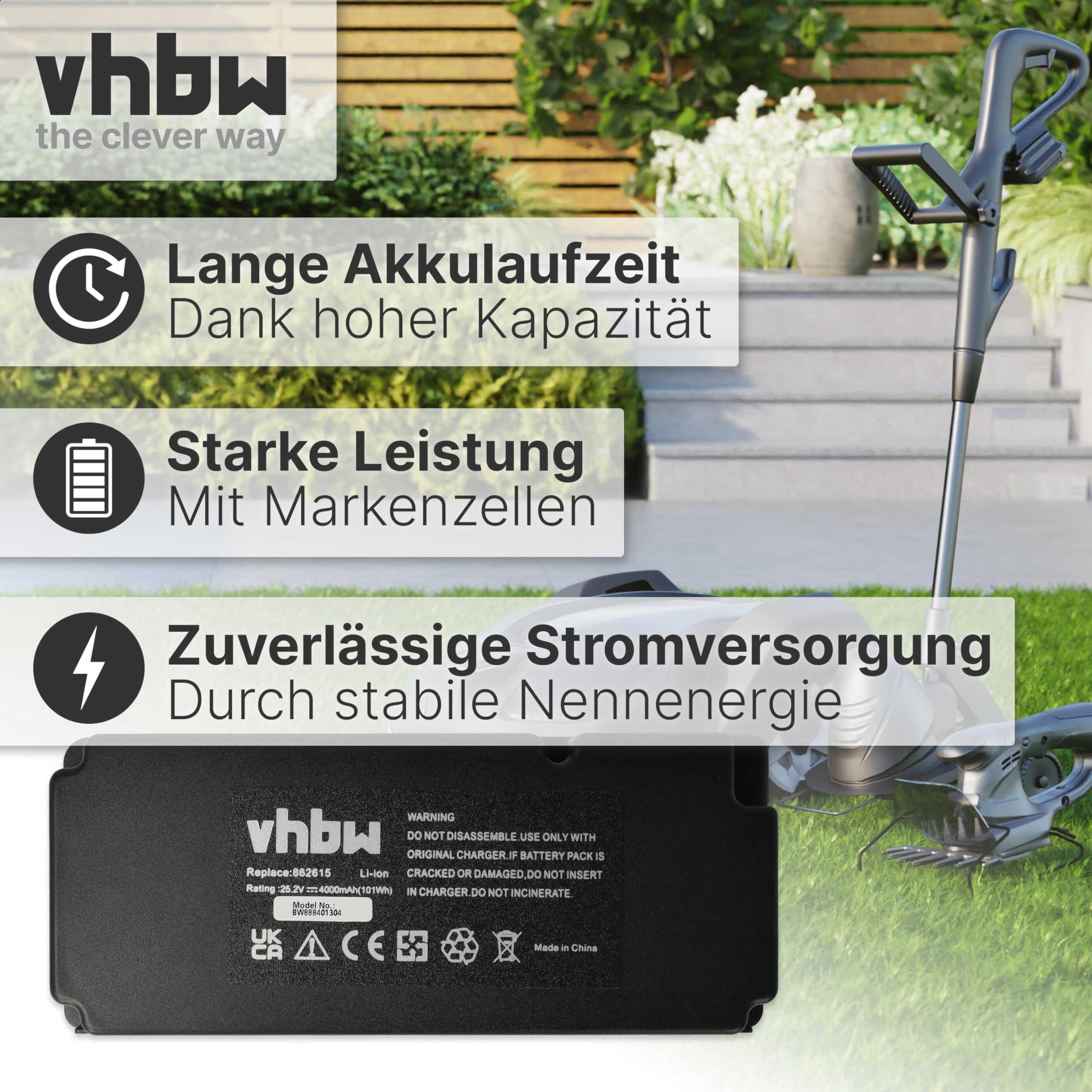 vhbw Batería Compatible con Yard Force SA900, SA800PRO, SC600ECO, X100i, SA900B, SA650B, SA600H Robot cortacésped cortacésped 4000mAh 25,2V Li-Ion