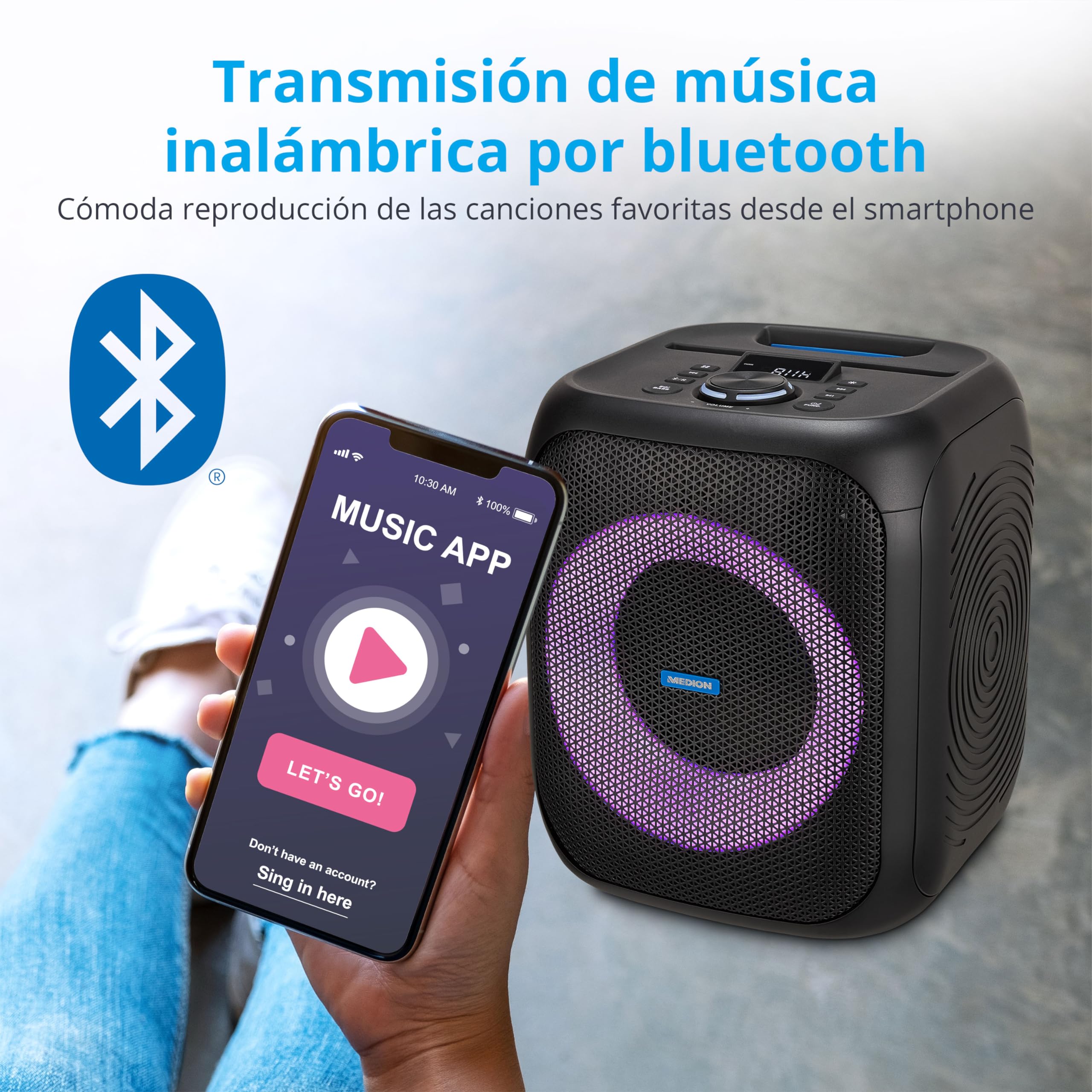 MEDION Bluetooth Party Speaker S61991(MD43991) Altavoces portátiles con Puerto USB y AUX-in, Altavoces de Exterior Bluetooth con micrófono y Efecto Luminoso, para Fiestas