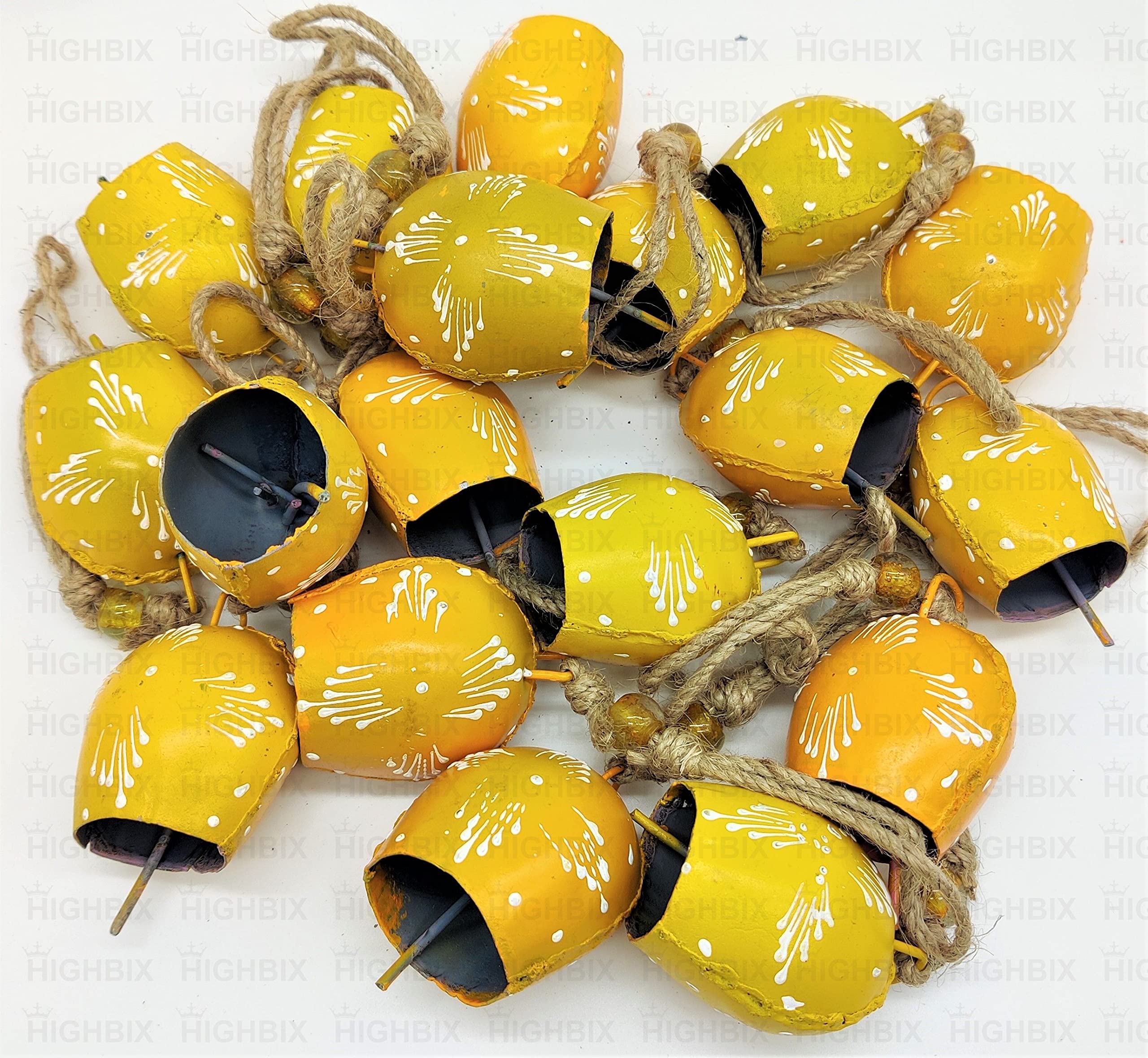 HIGHBIX 7cm Hand Painted Festive Décor Hanging Bells Set of 10 with Jute Bag Hand Painted (Yellow, 7cm) - Image 4 thumbnail