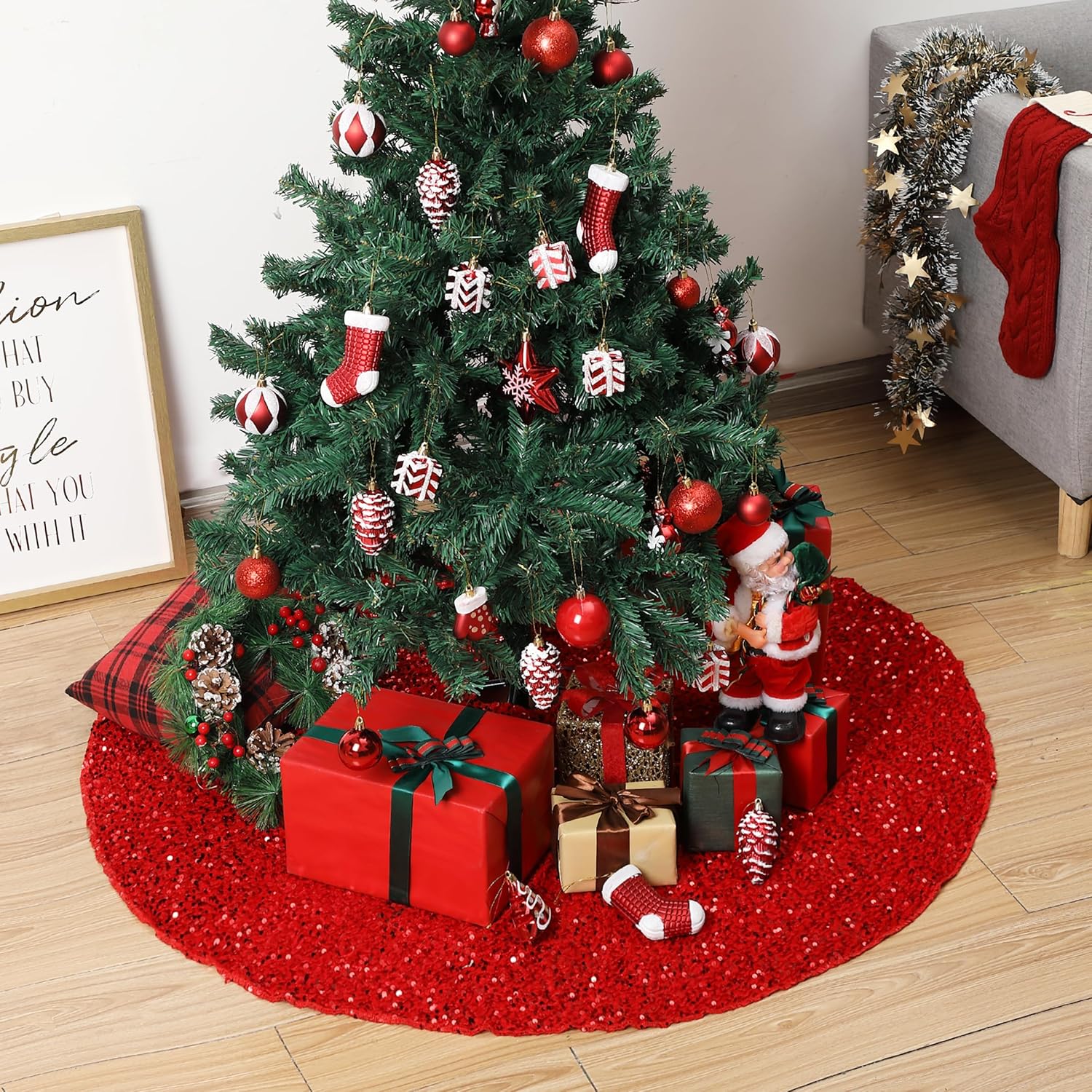 Mr. Pen- Christmas Tree Skirt, 48 inch, Red Sequin Tree Skirt