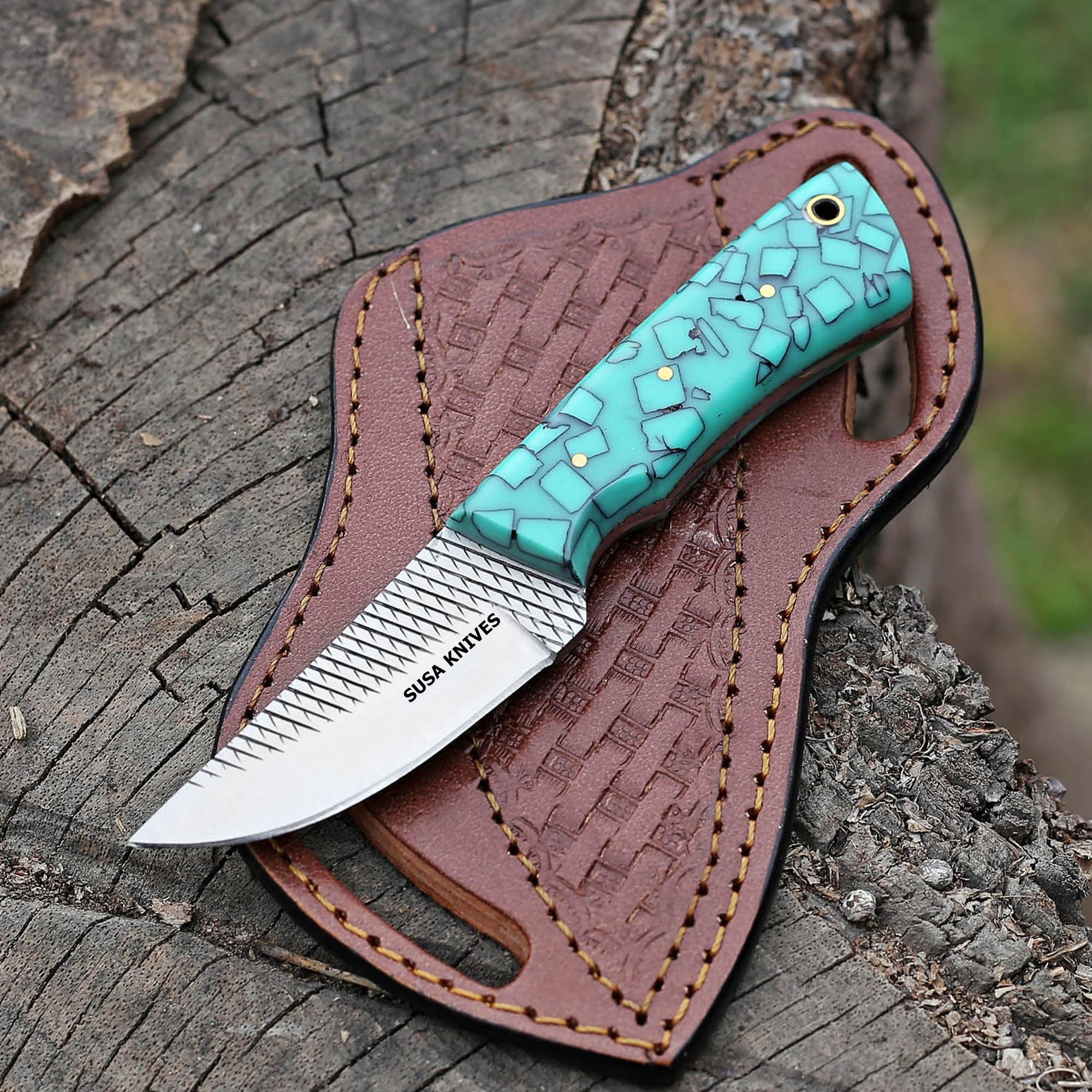 SUSA KNIVES Custom Handmade 7'' fixed blade hoof rasp knife/Cow boy knife/Damascus steel Bull cutter cowboy knives with pancake leather sheath (SUSA 119)