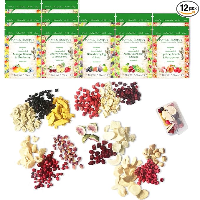 Freeze Dried Fruit: 15 Delicious Fruits Strawberry, Blueberry, Raspberry & More. 8oz 1/2 Pound, 12 Large Bags (0.67oz each) the Ultimate Snack Box