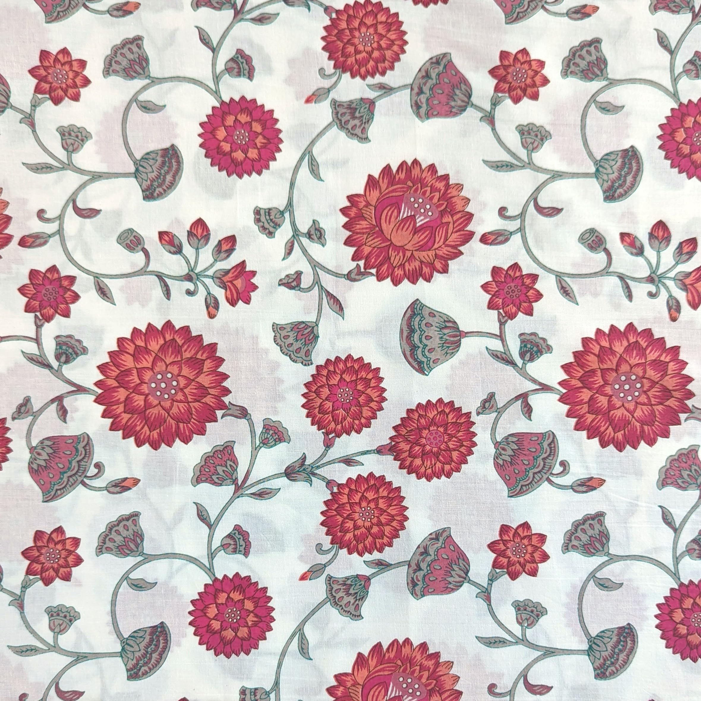 AVKA Studio Hand Block Print Fabric by The Yard - PRECUT 3 Yard 42 Inch Width - 100% Cotton Material - Red & White Floral Pattern - Light Weight Indian Cloth for Making Summer Dress Tops Projects etc