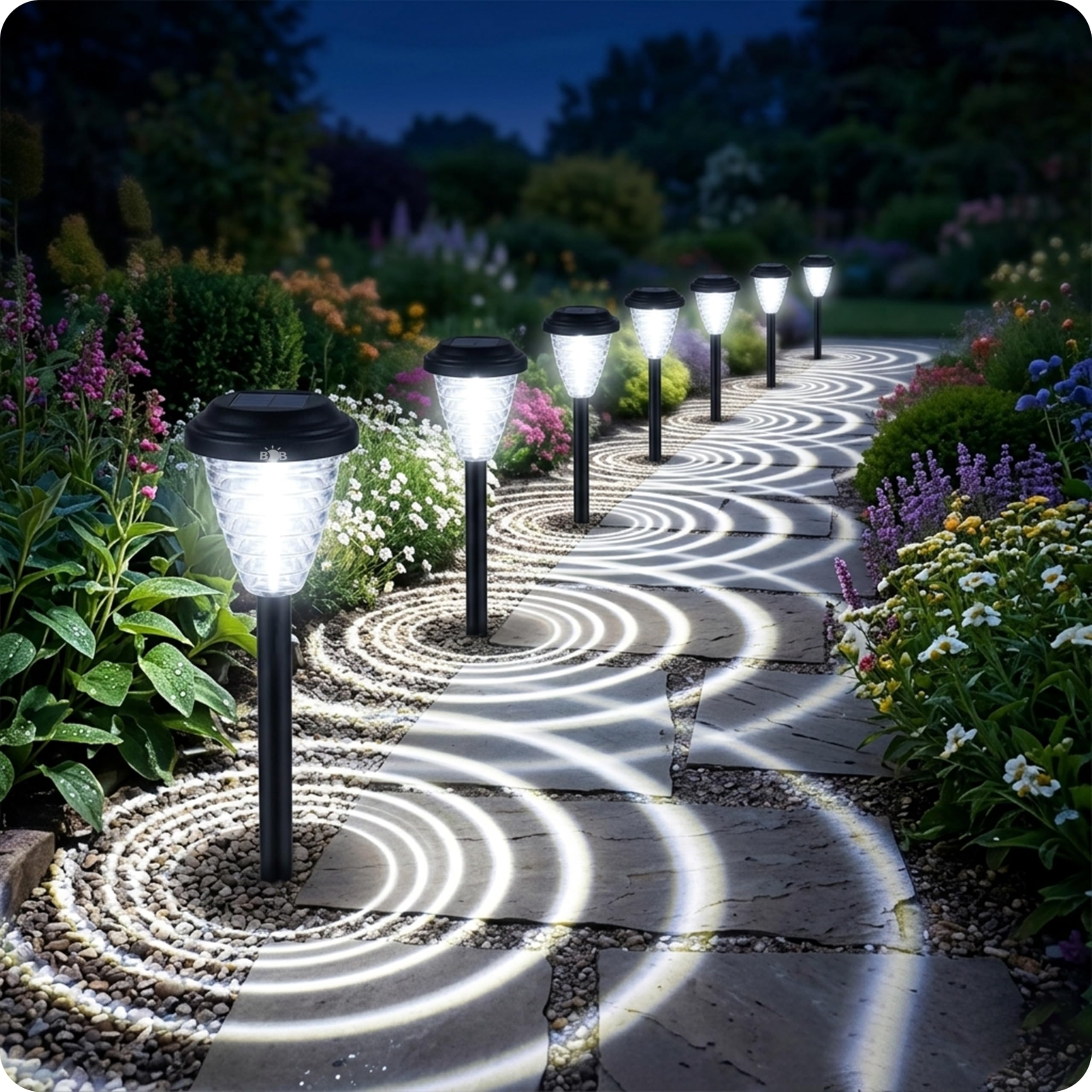 Solar Pathway Lights Garden, LED Solar Garden Lights Waterproof, Landscape Lighting for Yard Lawn Patio Walkway Driveway, Decorative Outdoor Solar Lights (8 Pack Solar Stake Garden Rings Lights)