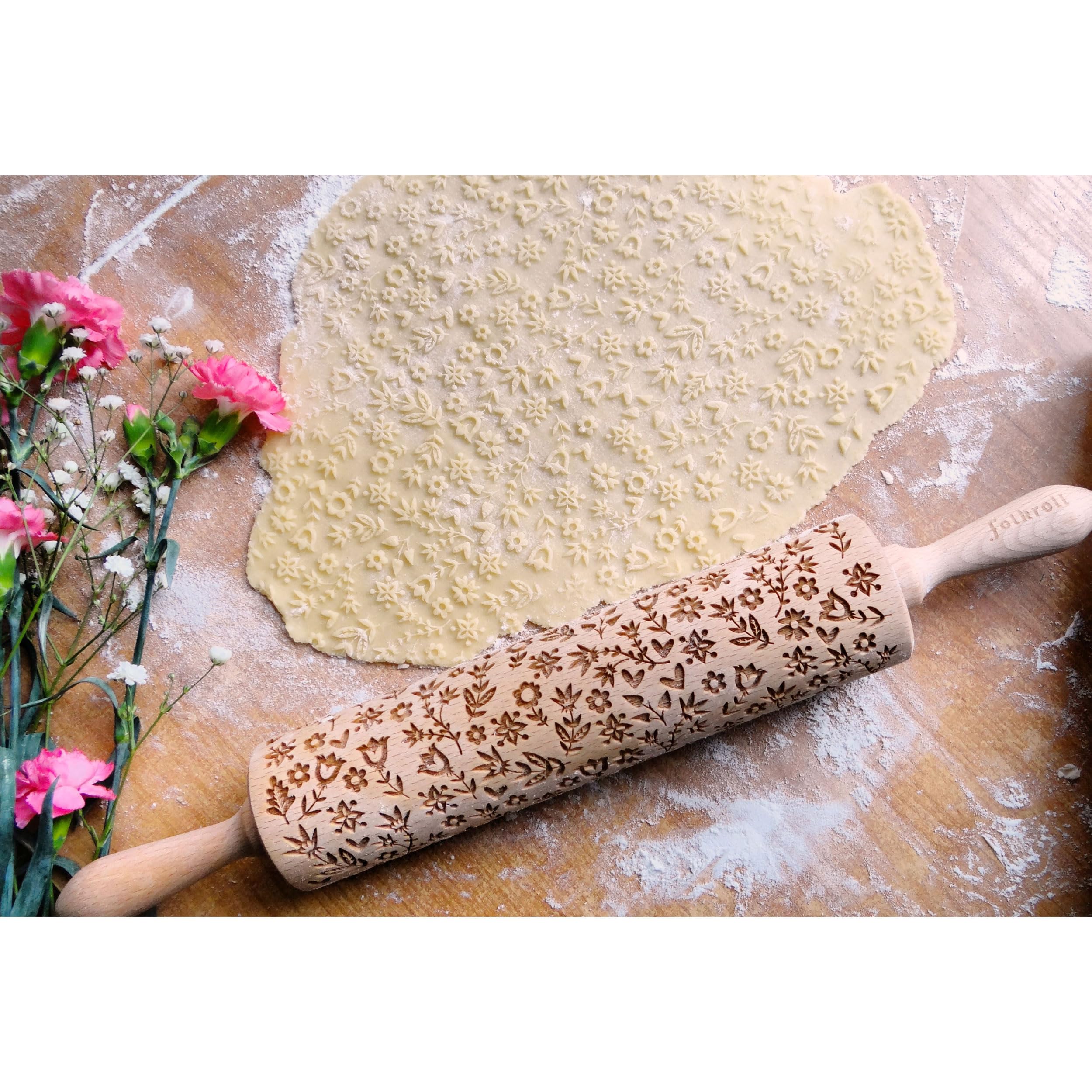Rouleau à pâtisserie Flower Power Rouleau à gaufrer Motif Bois de hêtre Grand