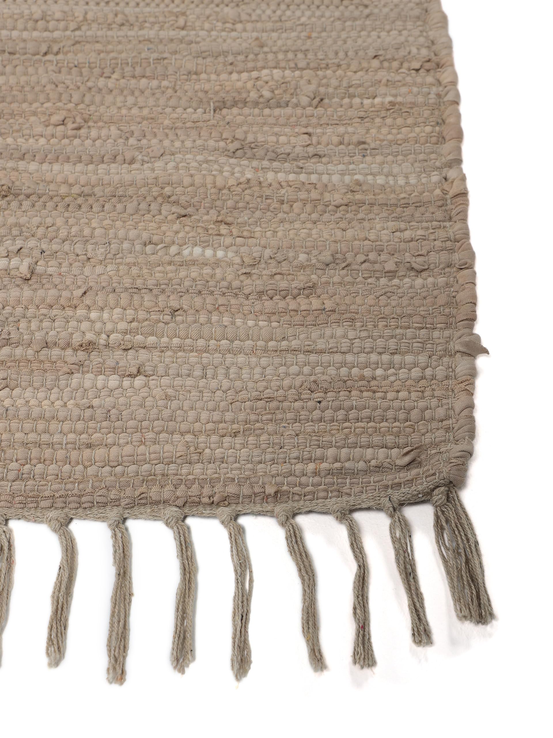 carpetfine Flickenteppich Kelim Chindi Uni Läufer Taupe 70x240 cm, handgewebt | Fleckerlteppich aus Baumwolle für Wohnzimmermit Fransen