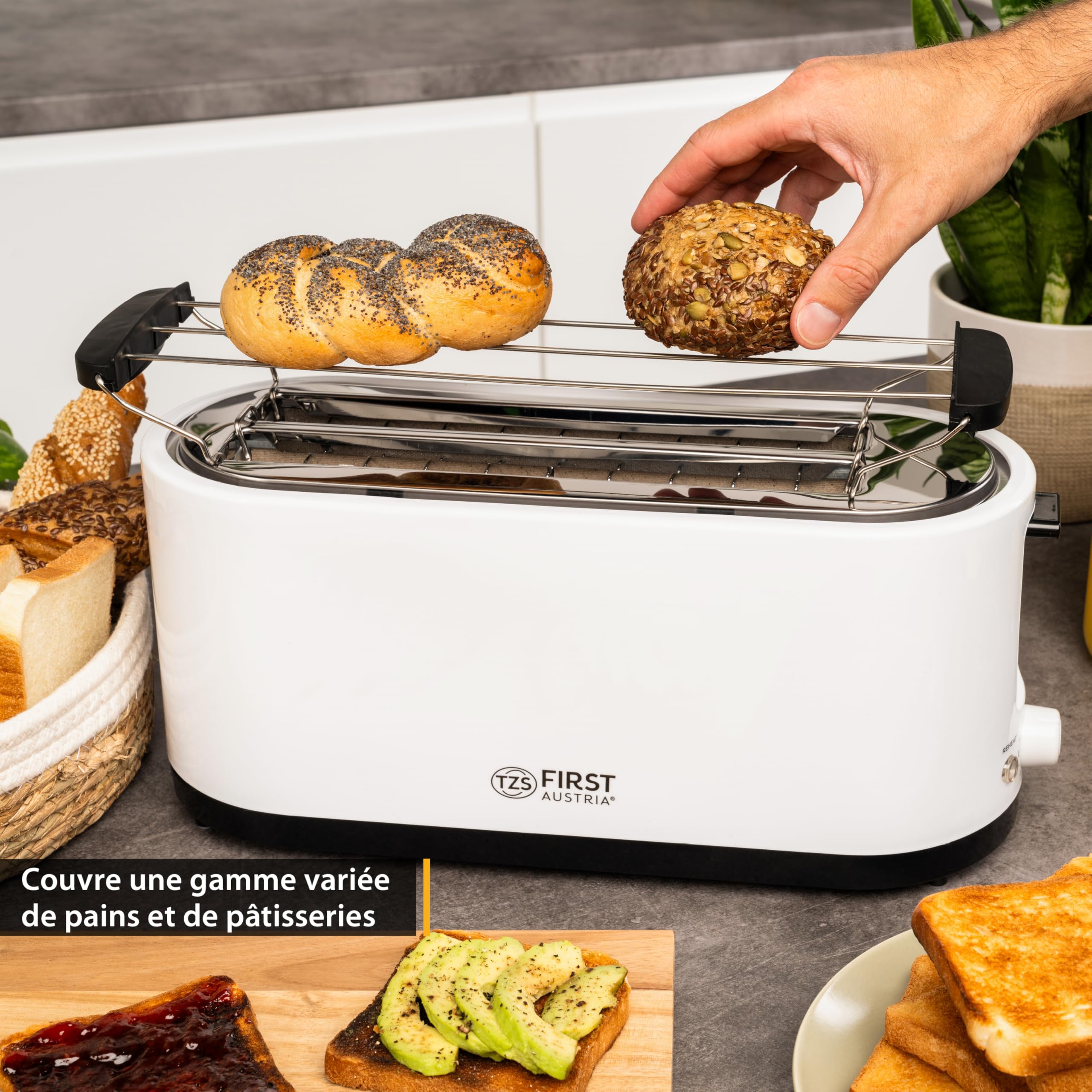 TZS First Austria Grille-pain 4 tranches longues, 1400W, tiroir ramasse-miettes, support à petits pains, boîtier isotherme, réglage de température, inox, fonction décongélation, centrage du pain