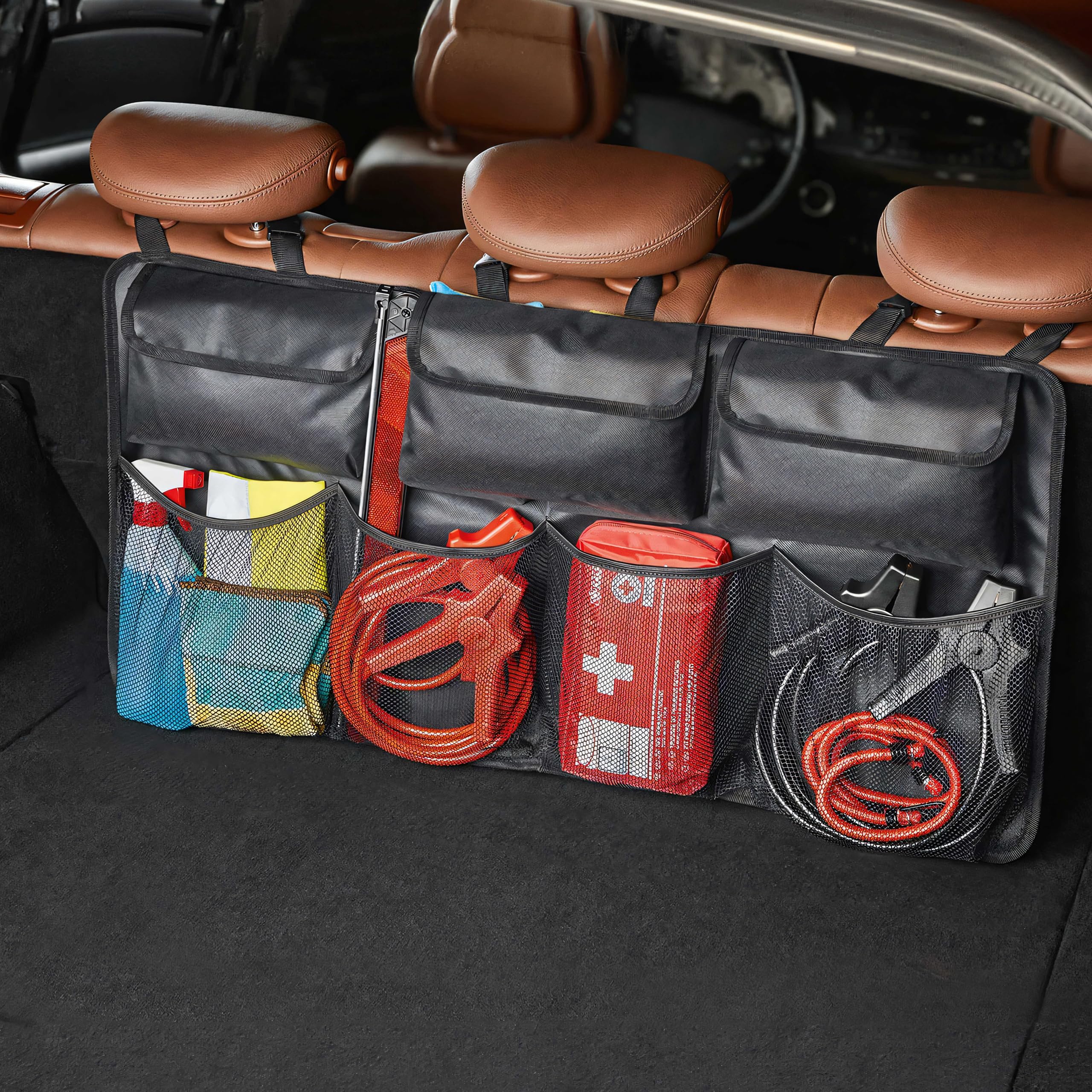 Retoo Organizator bagażnika samochodu, organizer fotela samochodowego, torba przechowywania, 89,5 x 35 cm, wiszący organizer tylne siedzenie, torba bagażnika z dzielonymi modułami, do SUV