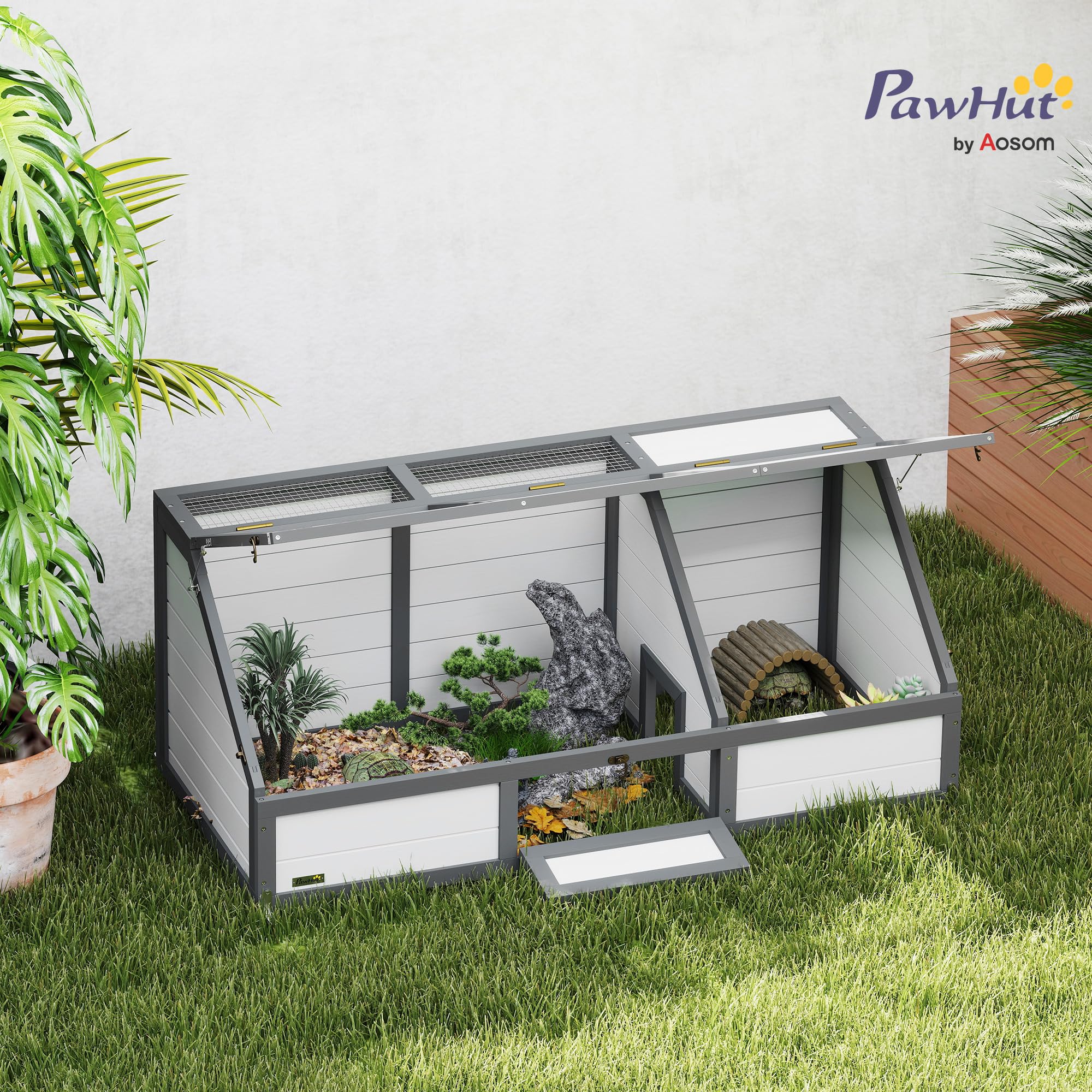 PawHut Casa tartaruga con casa principale anfibi 120x55x50cm bianco | Recinto in legno per tartaruga, area giochi, coperchio ribaltabile, serratura, gabbia per rettili, conigliera
