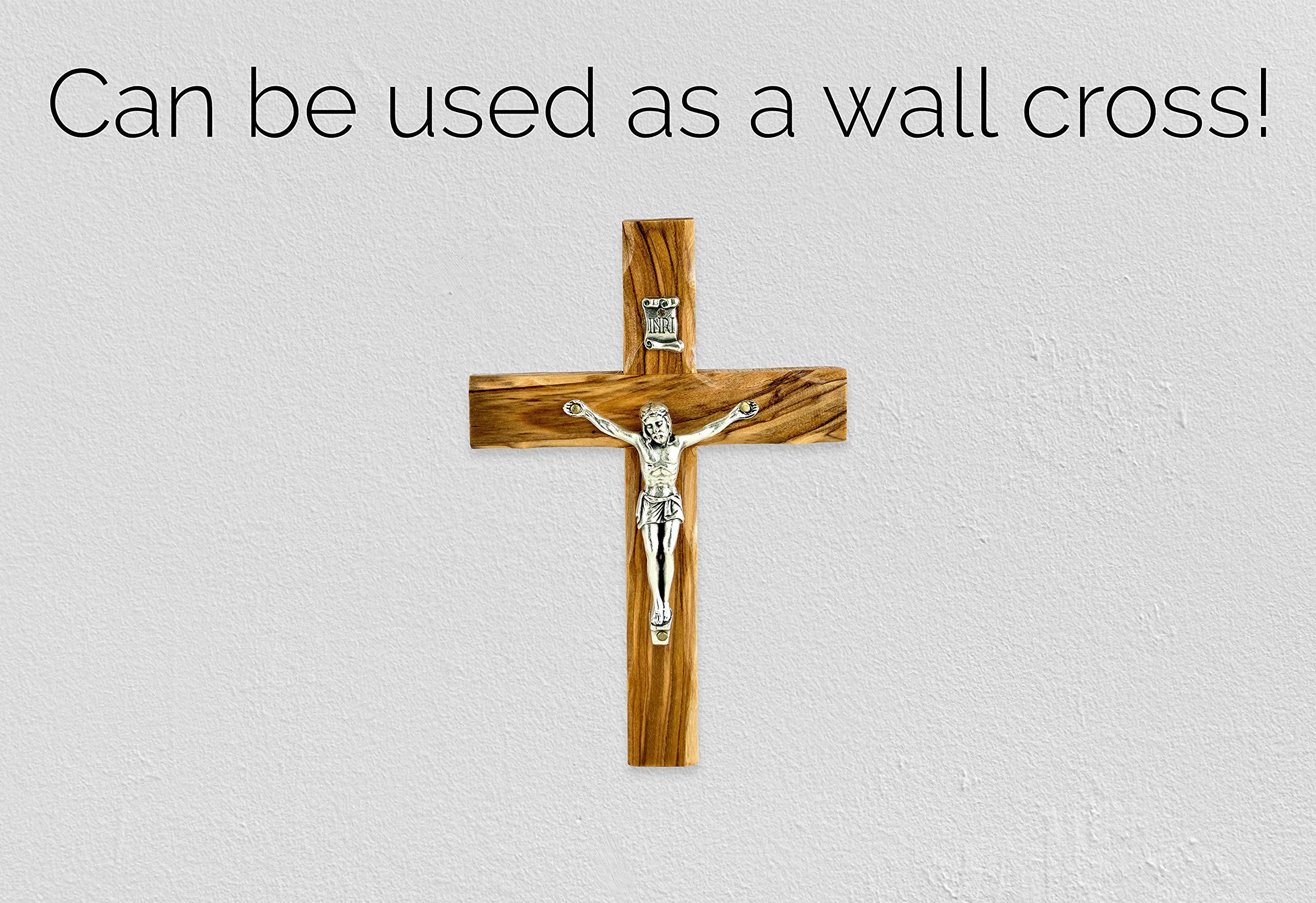 Catholic Standing OR Hanging Crucifix Cross, Certified Olive Wood Home Décor Table and Wall Cross from Jerusalem, Israel, Holy Land Tabletop Jesus Crucifixion Cross for Desk, Crucifijo Católico Cruz