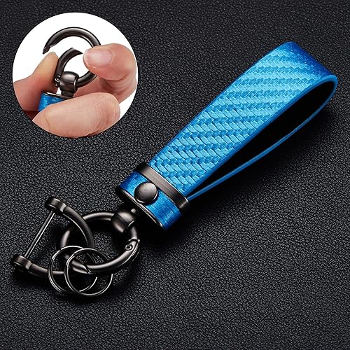Miniatura 2 de Llavero de Coche Estilo Fibra de Carbono de Cuero de Microfibra, Cadena de Llaves Universal para Llaveros para Hombres y Mujeres, Giratorio 360 Azul