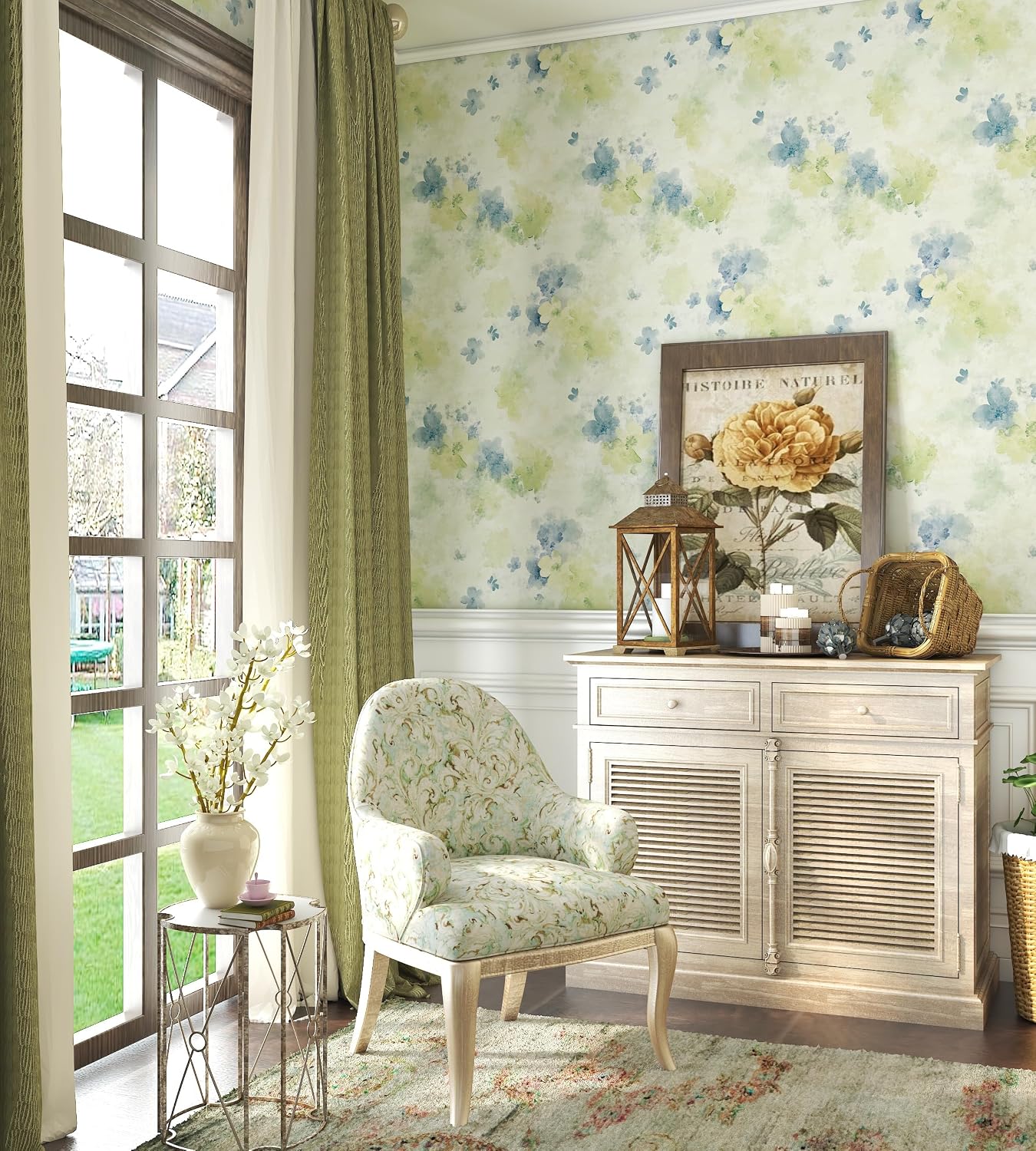 Peel and Stick Wallpaper Vintage Floral Blue and Green Contact Paper Boho 17.7"x78.8" Self Adhesive Wallpaper Removable Modern Decorative Wall Paper for Bedroom Countertops Cabinet Decor Vinyl Roll