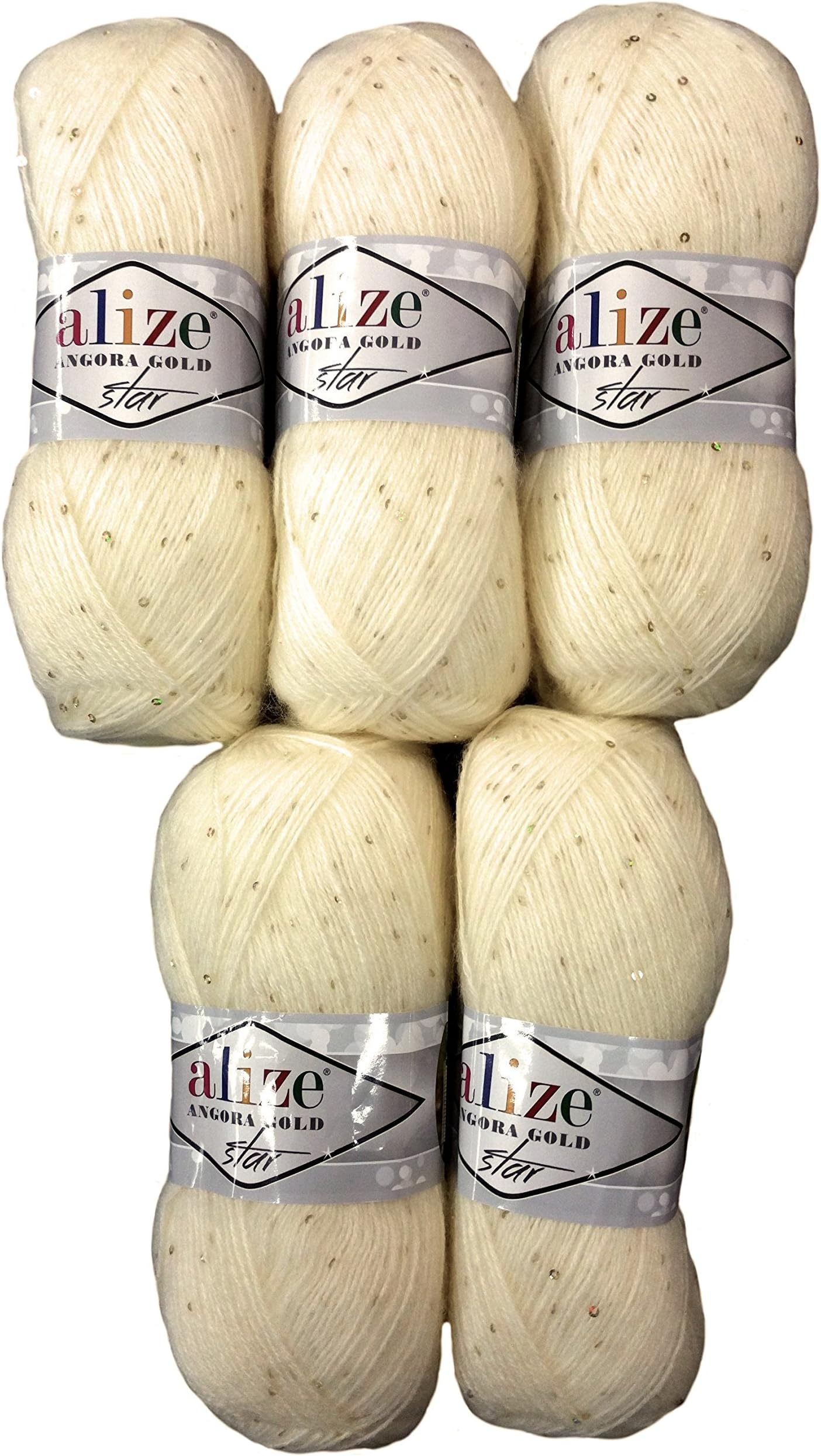 5 x 100g Alize Wool Mohair and Sequins Knit and Crochet – Color Ecru Cream # 01 500 Gram Knitting Wool