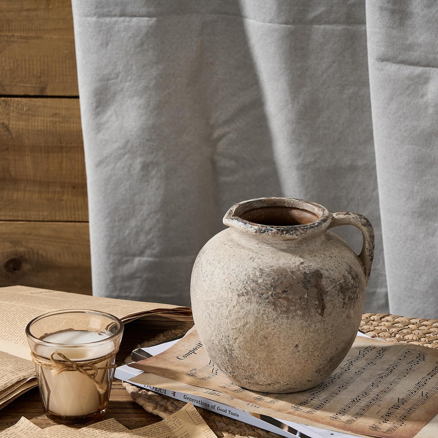 Antique Terracotta Vase with Handle, 5.6 Inch Farmhouse Ceramic Vase Boho Decor Decorative Vase, Rustic Vase for Home Decor, Living Room, Table, Wedding - Distressed Design, Gray Gray- 5.6"