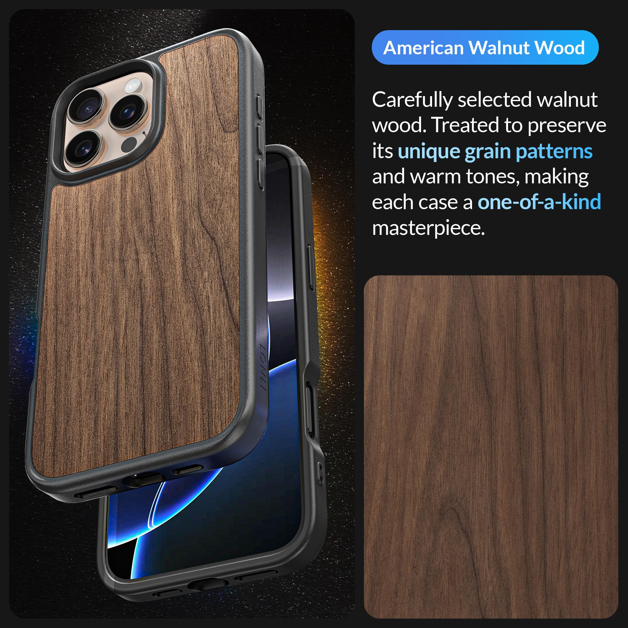 LONLI 2.0, for iPhone 16 Pro Max Case, The Toughest Wood Magnetic Protective Phone Cover - Image 3