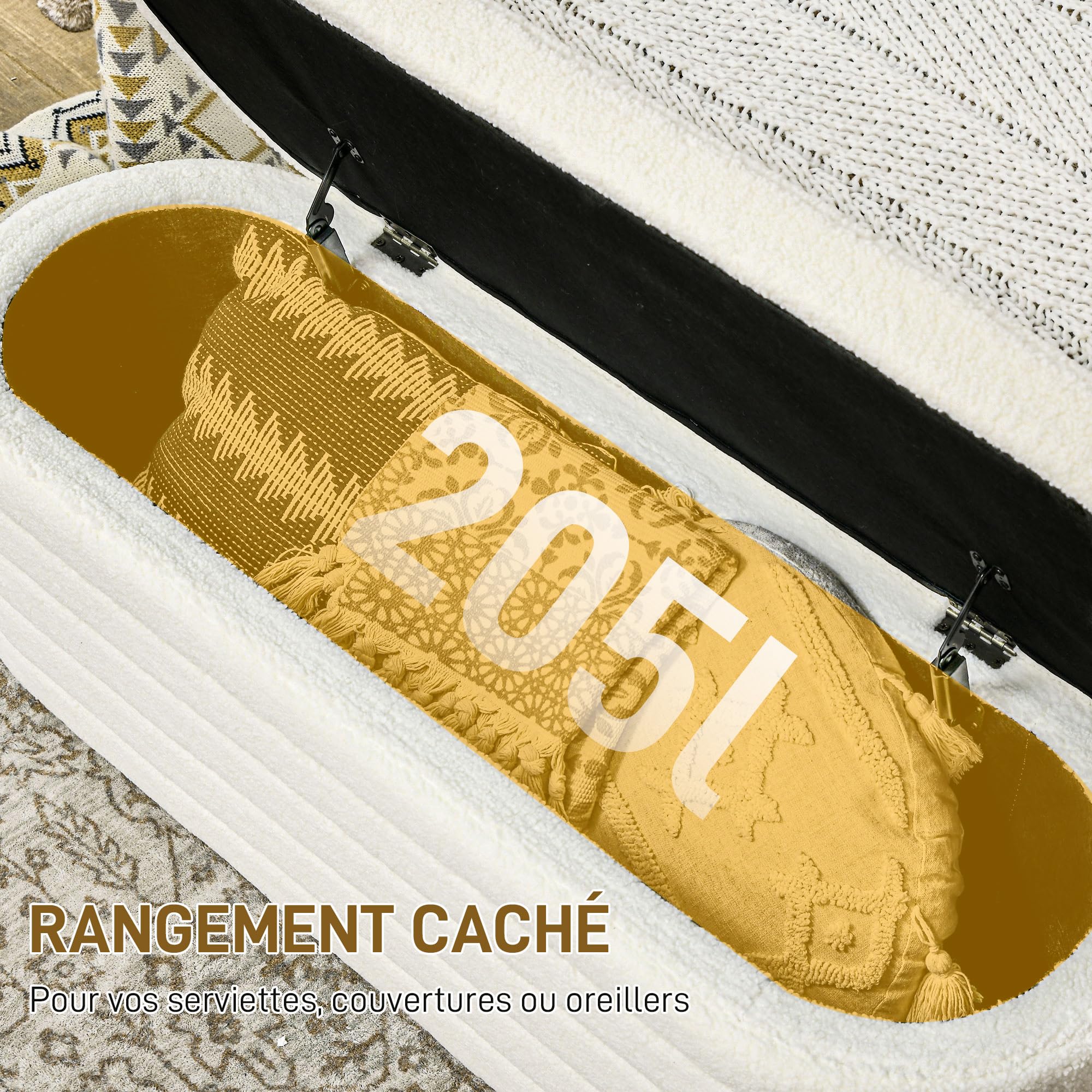 HOMCOM Banc de Bout de lit Coffre de Rangement 2 en 1 Cadre en Bois Crème | Banquette, Rembourré en polaire