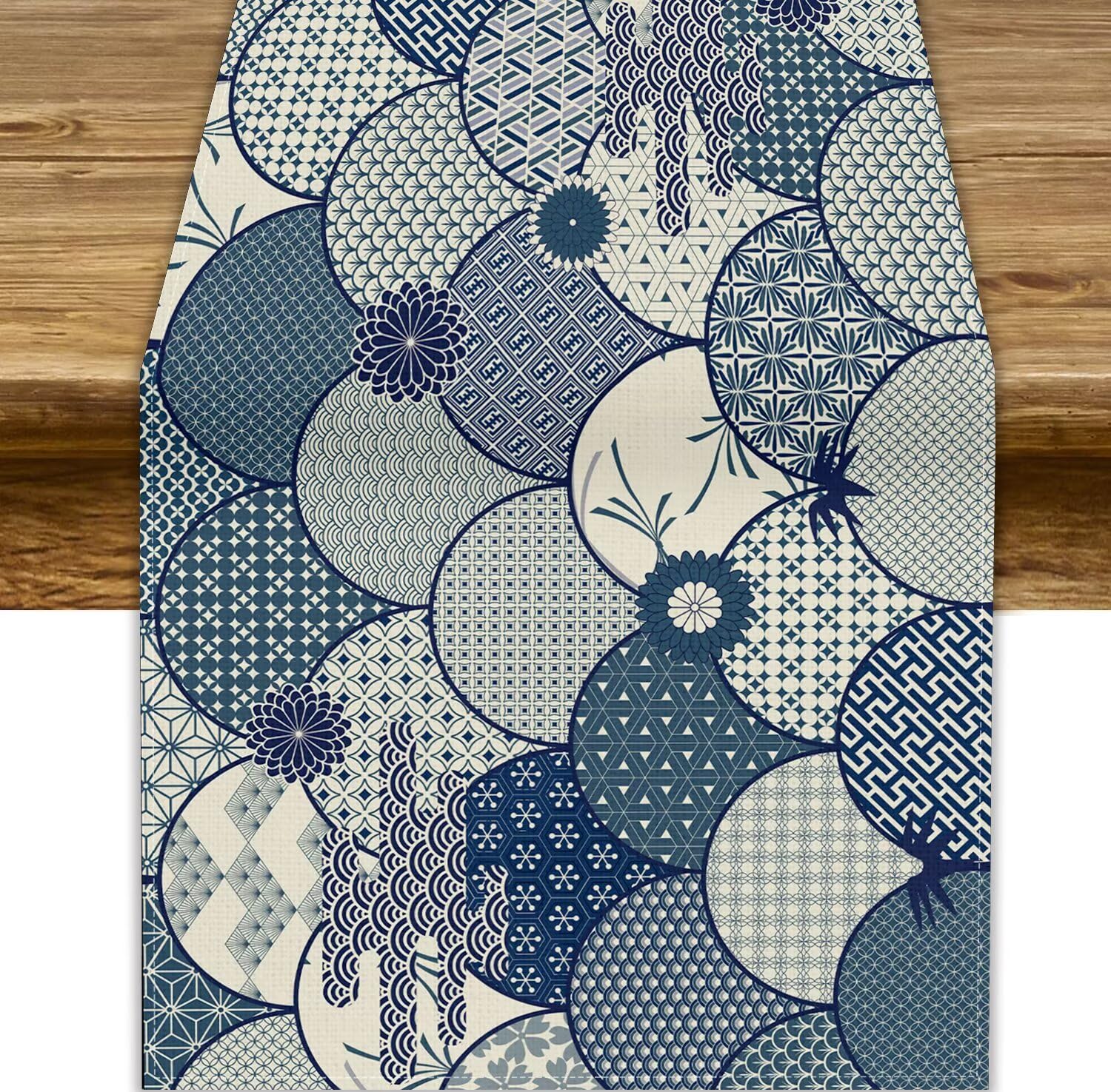 Japanese Table Runner,Blue Vintage Traditional Geometric Line Chinese Oriental Design Table Runner for Home Party Kitchen Dining Table Wedding Decor 13x36in