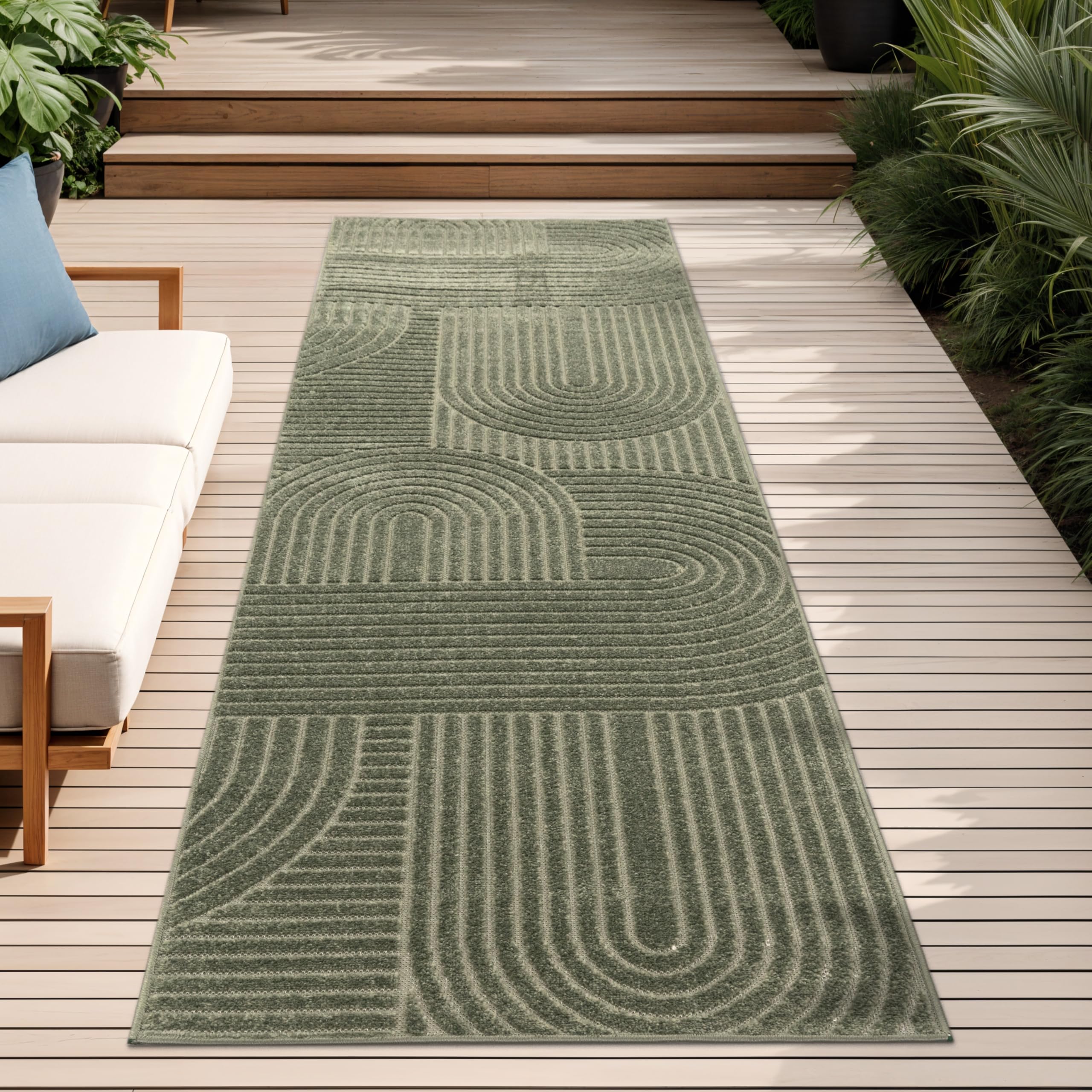 Paco Home Teppich In- & Outdoor, Moderne abstrakte Boho Designs mit 3D Struktur, robust & wetterfest, ideal für Terrasse Wohnzimmer & Küche, Grösse:80x150 cm, Farbe:Grün 4