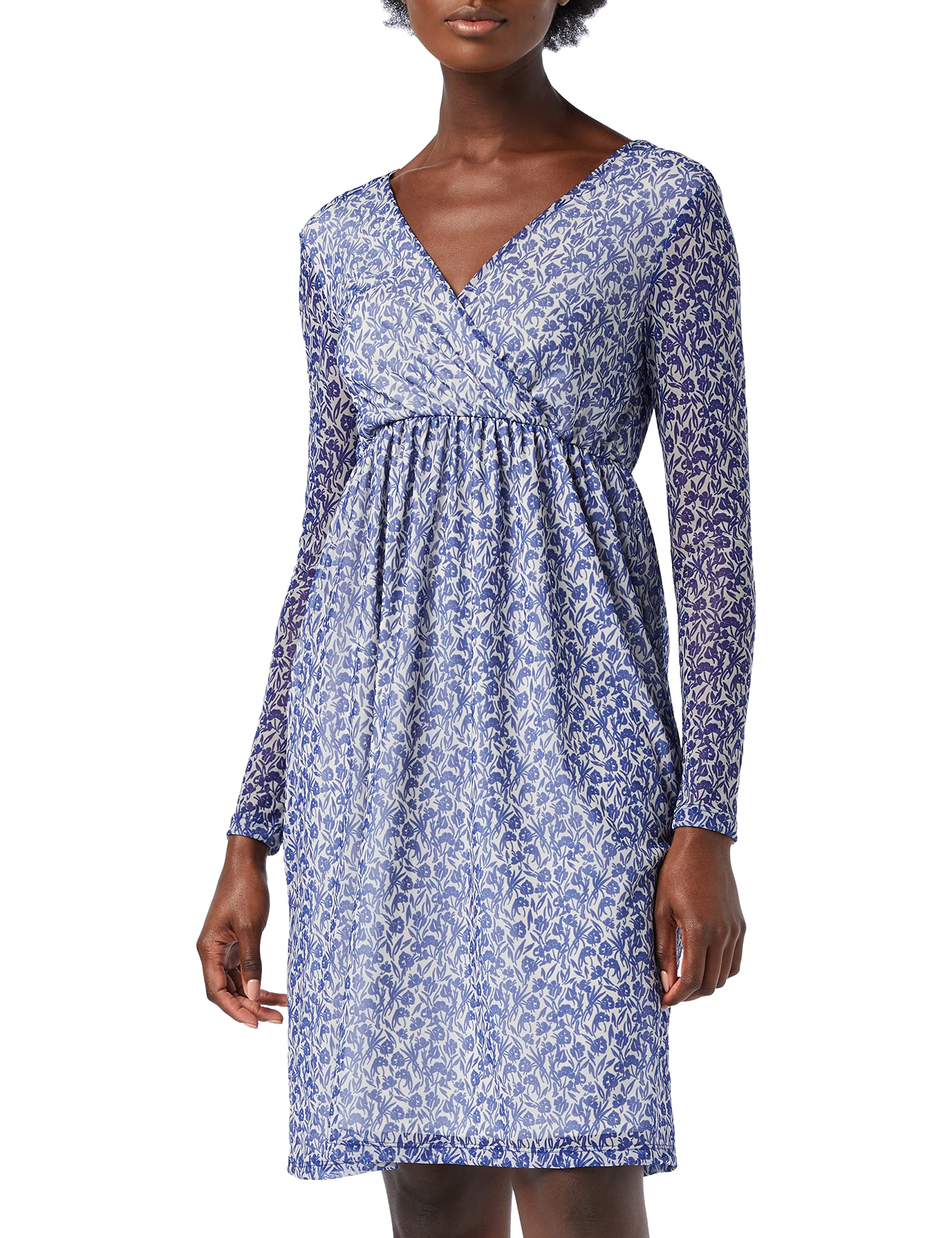 NA-KD Damen Recyceltes Wickelkleid aus Mesh Gr. 36, Weiß/Blaues Blumenmuster