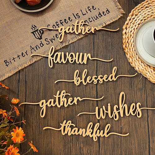 Miniatura 48 de 12 piezas de Navidad con recorte de madera con texto en inglés "Joyful Merry Thankful Grateful Blessed Peace Gather", letrero de Navidad recortado