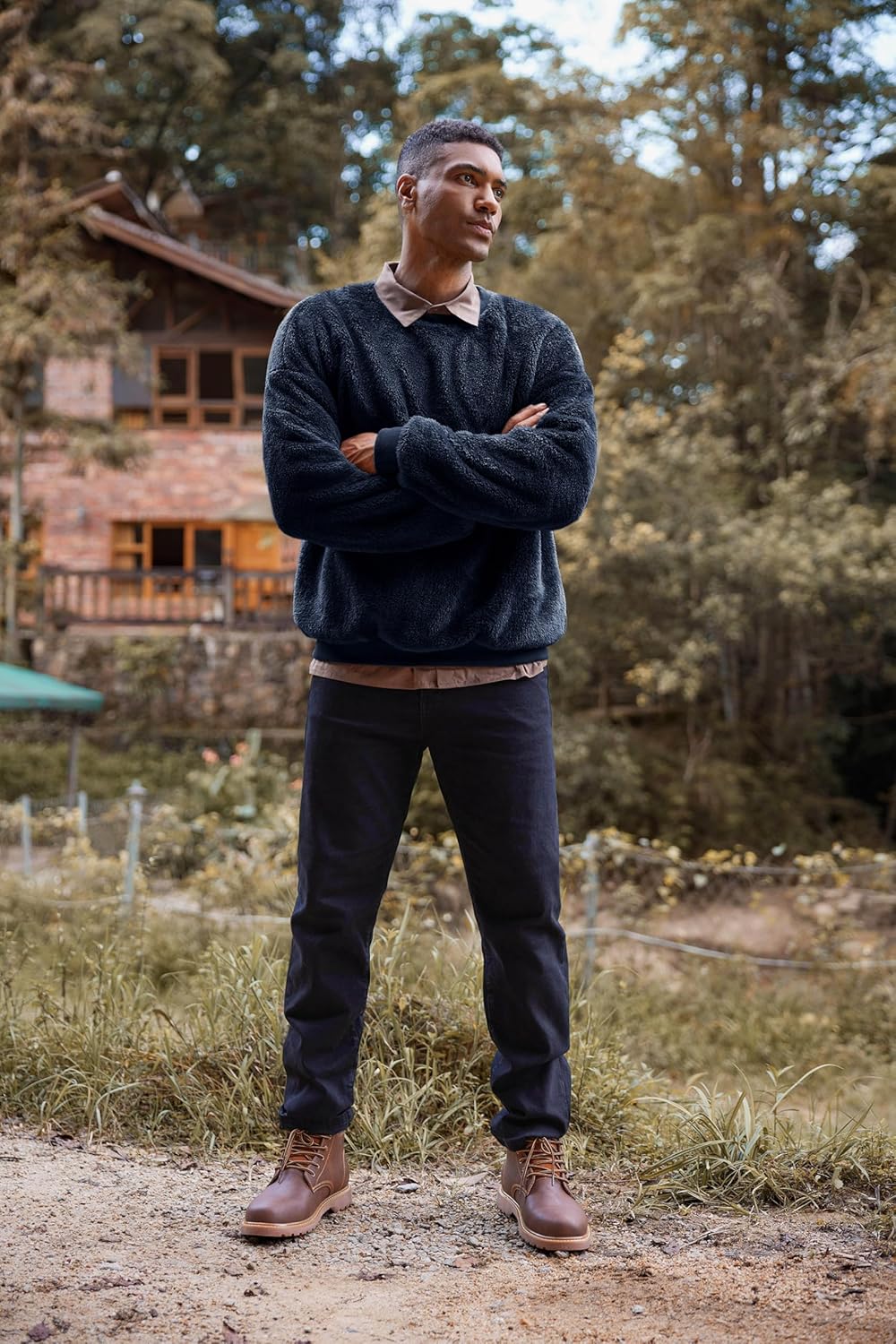 Pengfei Mens Fuzzy Sherpa Pullover Sweatshirts Long Sleeve Fleece Fluffy Crew Neck Fall Winter Warm Outwears Navy - Image 4