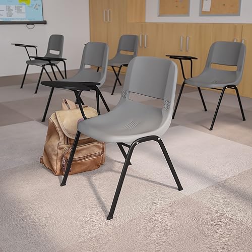 EMMA + OLIVER Silla ergonómica gris con tableta abatible para zurdos - Escritorio con brazo para tableta