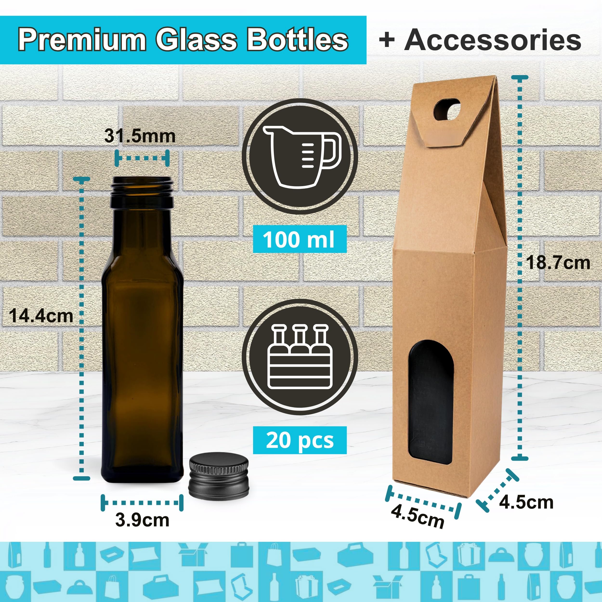 20 Botellas de Cristal Oscuro 100 ml con Tapón de Rosca Negro + 20 Cajas + 20 sellos + 20 Etiquetas Kraft + Cuerda – Botellas Pequeñas para Aceite de Oliva, Vinagre, Alcohol, Muestras