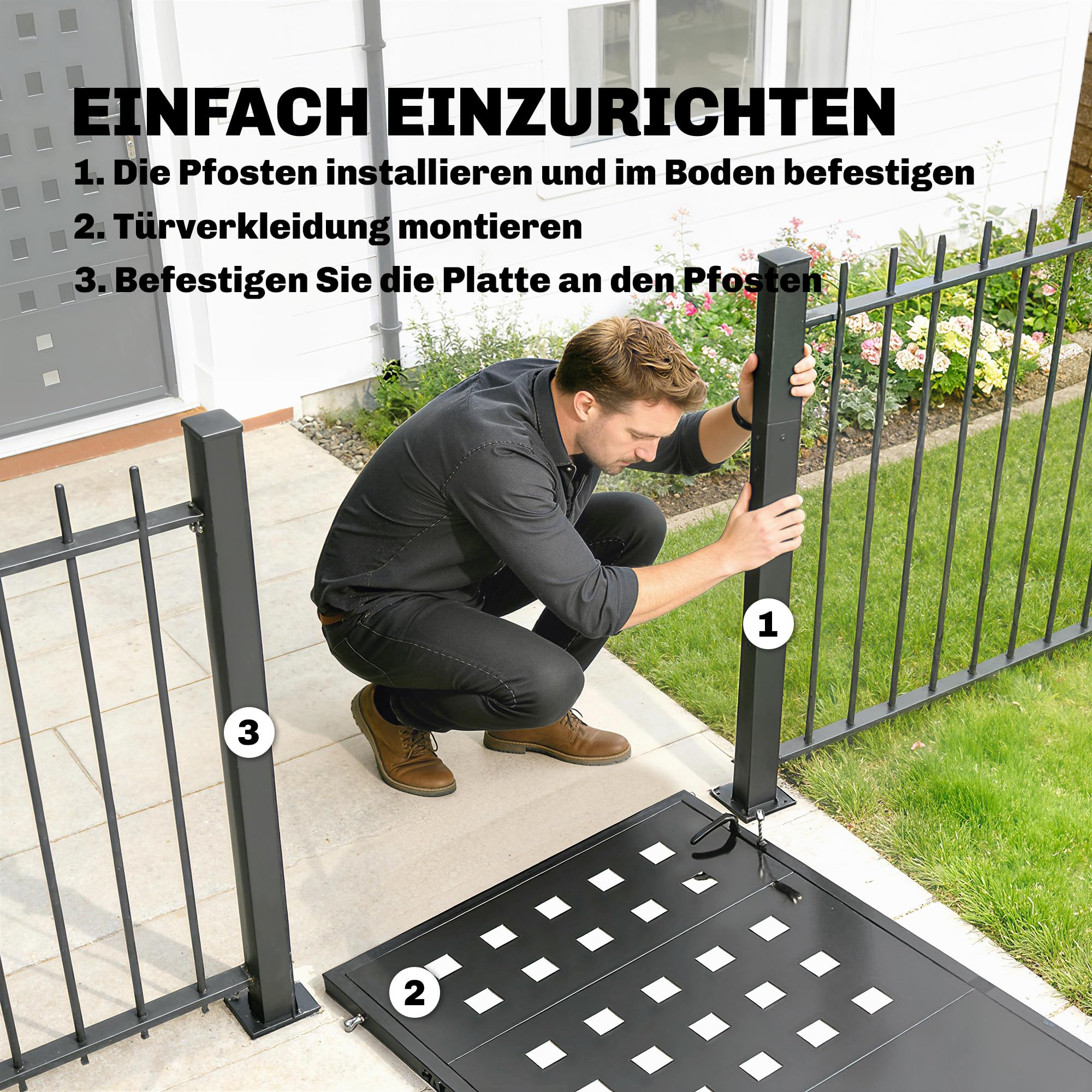 Outsunny Cancello da giardino in acciaio zincato, porta da giardino con maniglia, serratura a 3 chiavi con serratura, 105 x 130 cm, cancello da giardino per recinzione, grigio scuro