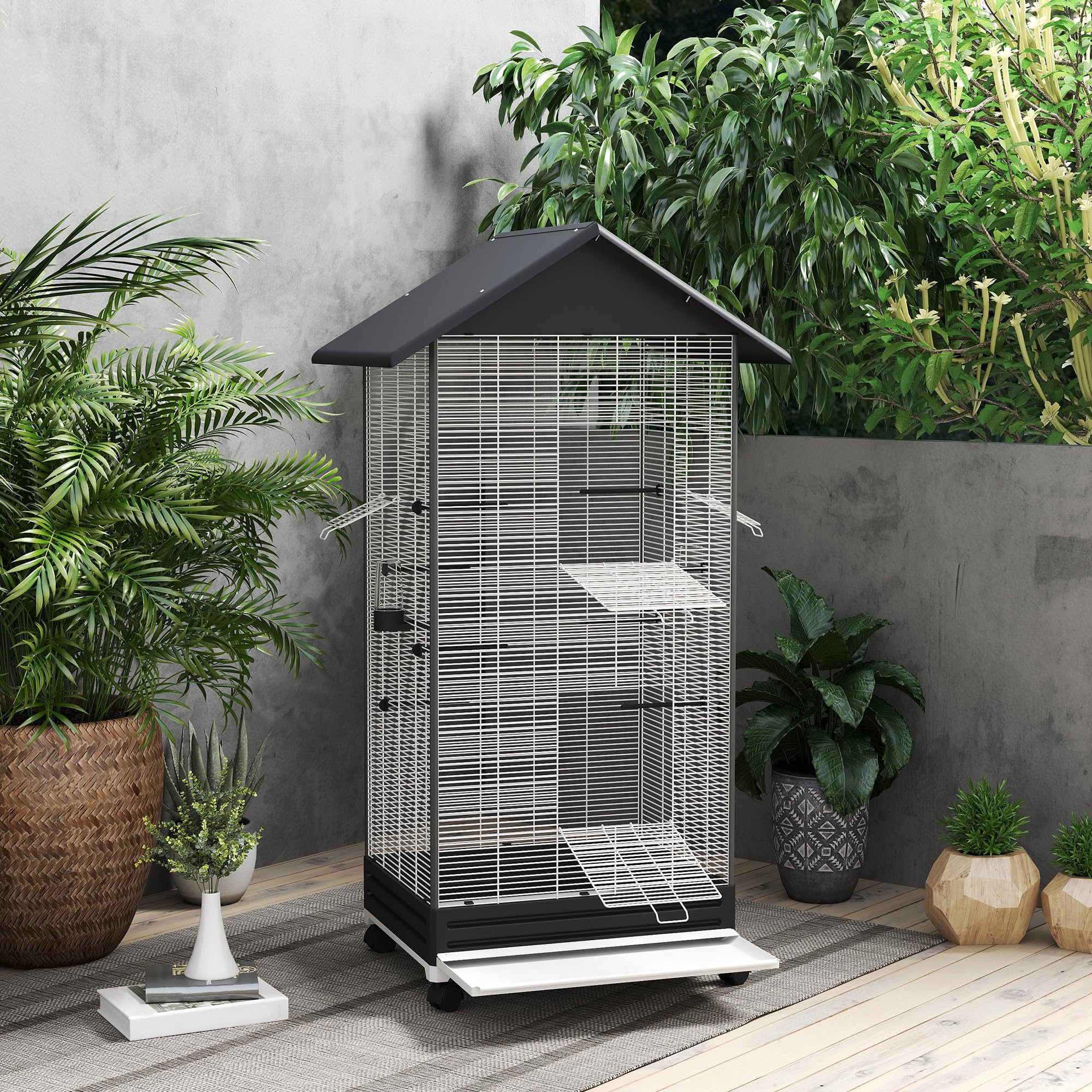 PawHut Jaula para Pájaros con Ruedas Pajarera Metálica con Bandeja Extraíble 4 Puertas 2 Comedores 8 Perchas para Canarios Periquitos 79x65x155 cm Negro