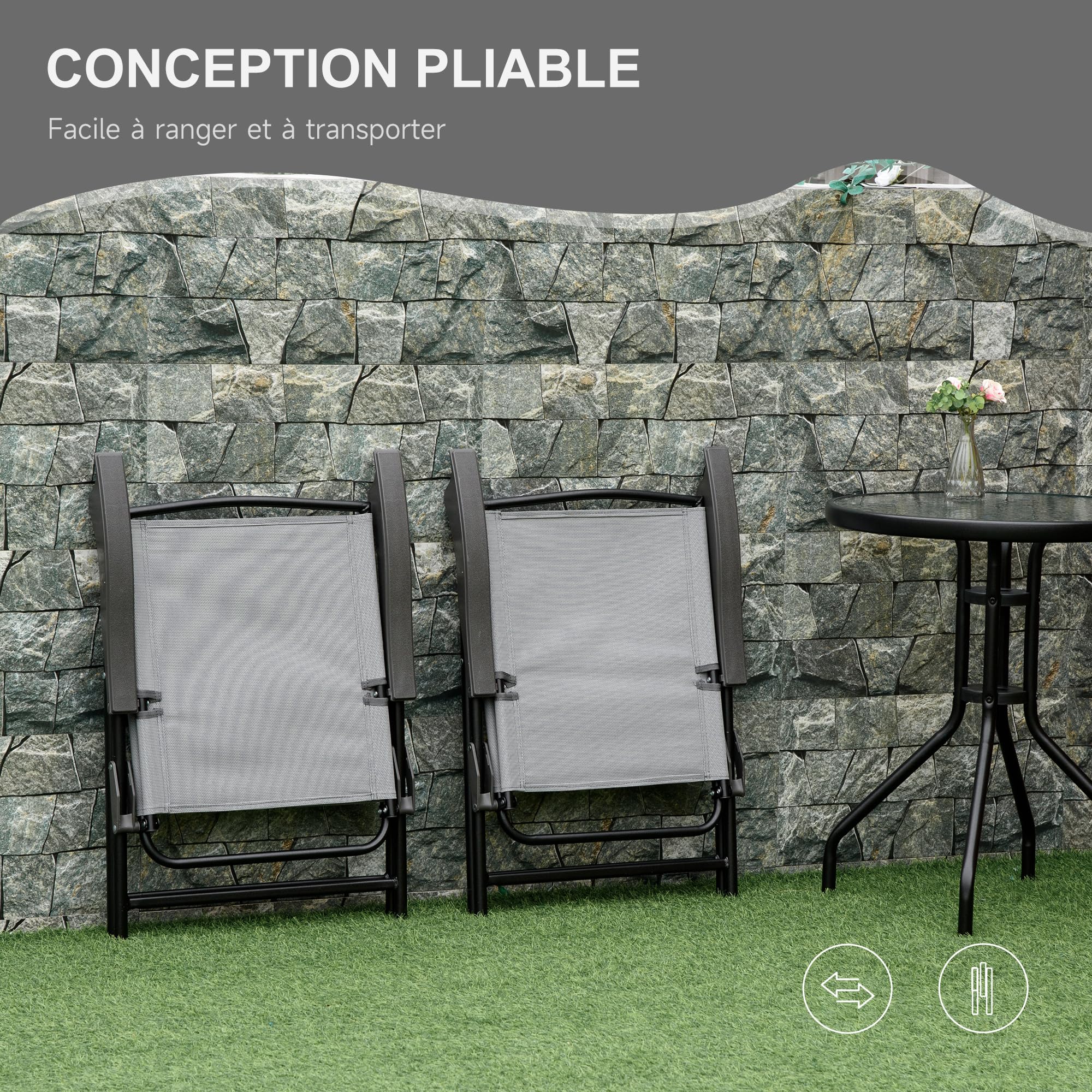 Outsunny Ensemble de Jardin 3 pièces 2 chaises inclinables Multi-Positions Pliables + Table Ronde Verre trempé métal textilène Gris