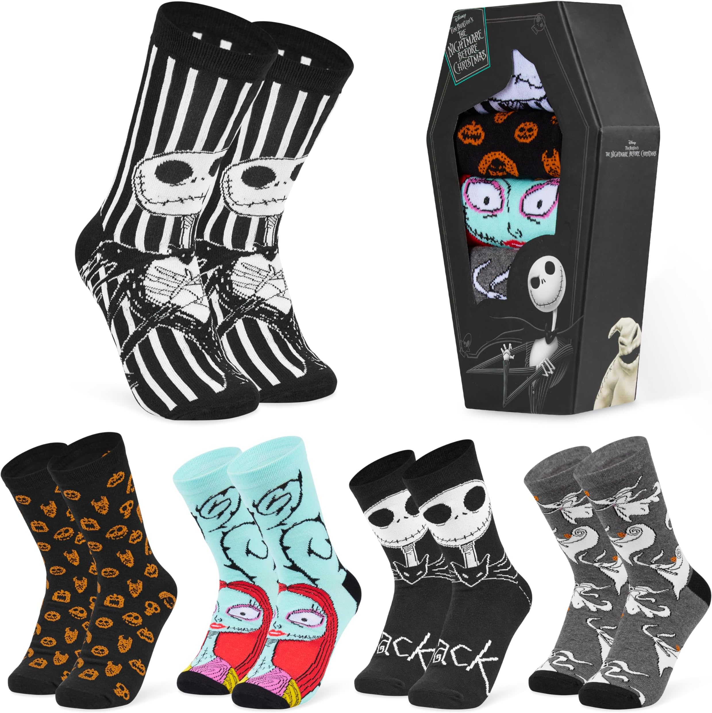Socks for Women Teens UK Size 2.5-7.5, Pack of 5 or 6 Casual Sports Crew Socks, Soft & Breathable, Xmas Gifts for Her (2.5/7.5 UK, Multi Jack Coffin, 5 Pcs)