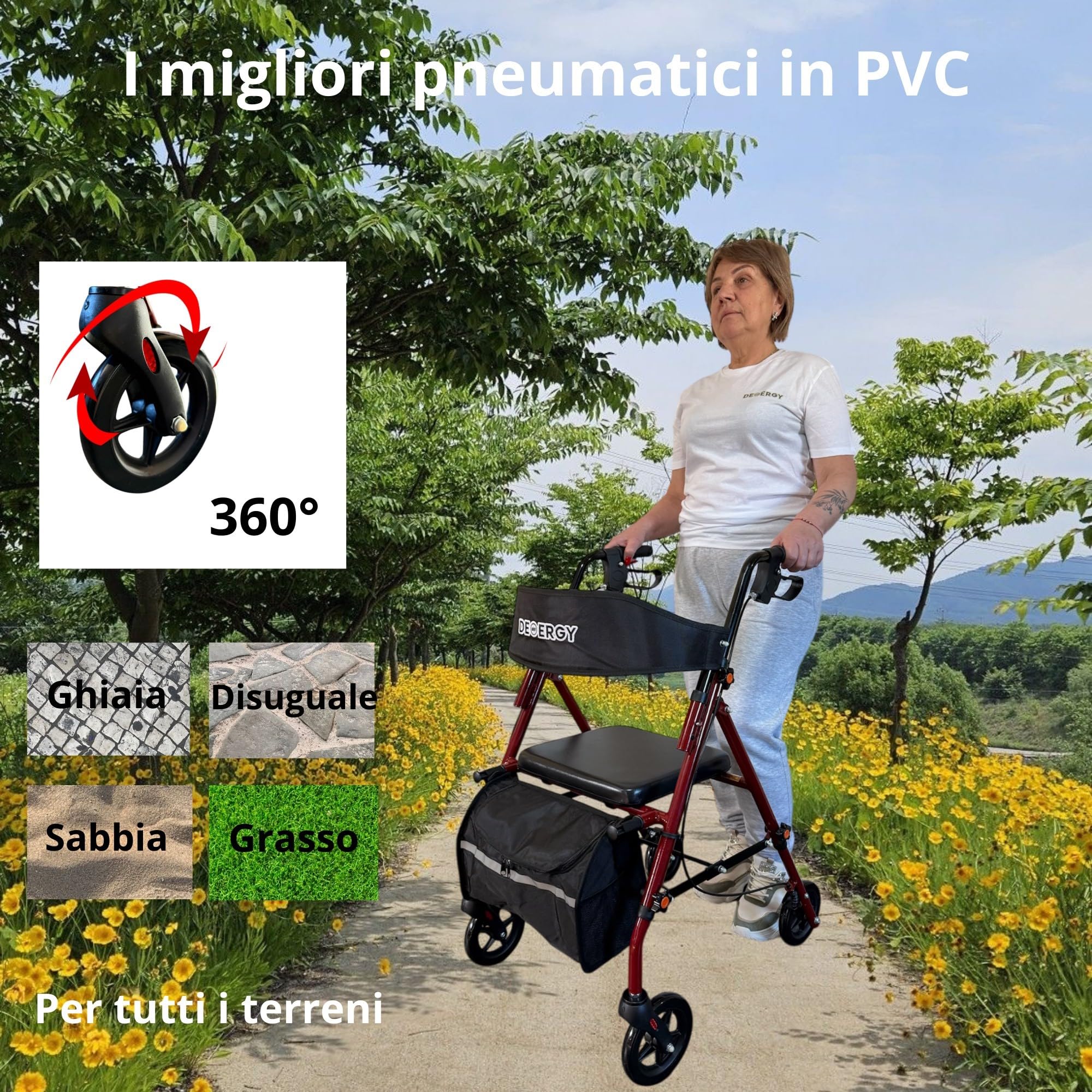 DEMERGY® Deambulatore per Anziani Pieghevole Leggero con Sedile Extra Spesso e Schienale 4 Ruote per Tutti i Terreni Freni Manuali Altezza Regolabile Include Zaino Ideale Anziani e Persone con Mobili