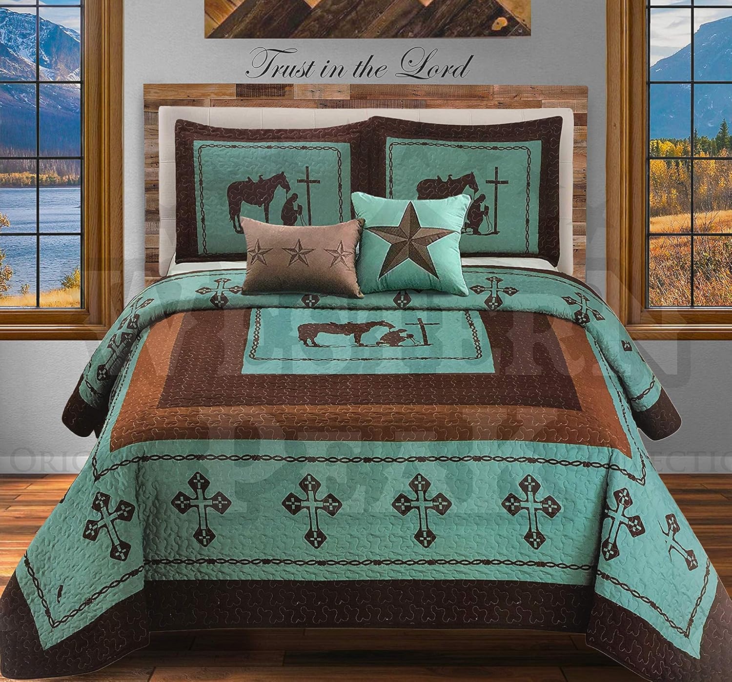 Western Peak 5 Pc Western Texas Cross Lodge Barbed Wire Quilt Bedspread Shams Pillow Oversize Comforter (Turquoise Texas Star, King)