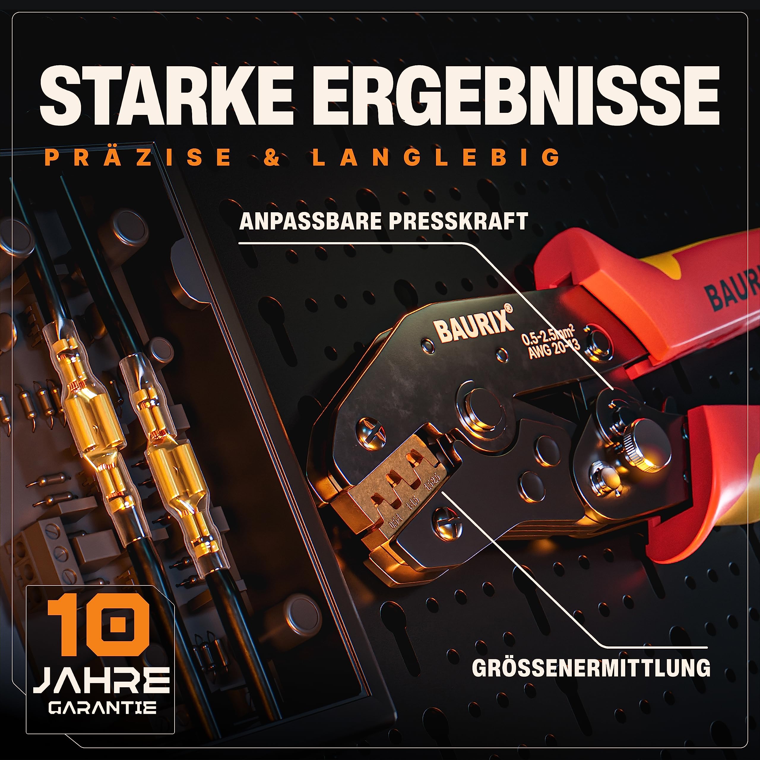 BAURIX® Crimpzangen Set – PERSEUS Aderendhülsenzange 0,25–10 mm², HEKTOR Kabelschuhzange 0,5–6 mm², KAIRON Flachsteckhülsenzange 0,5–2,5 mm² & MAGEC MC4 Solar Crimpzange