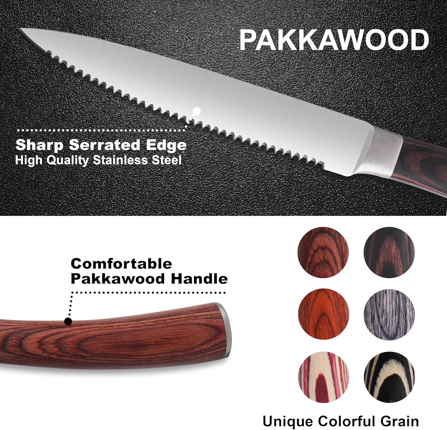 LUVCOSY Pakkawood Steak Knives Set of 12, 12PCS Set of Stainless Steel Serrated Steak Knives with Pakka Wood Handle, Fine Edge Dinner Knife Set with Gift Box for Home Party