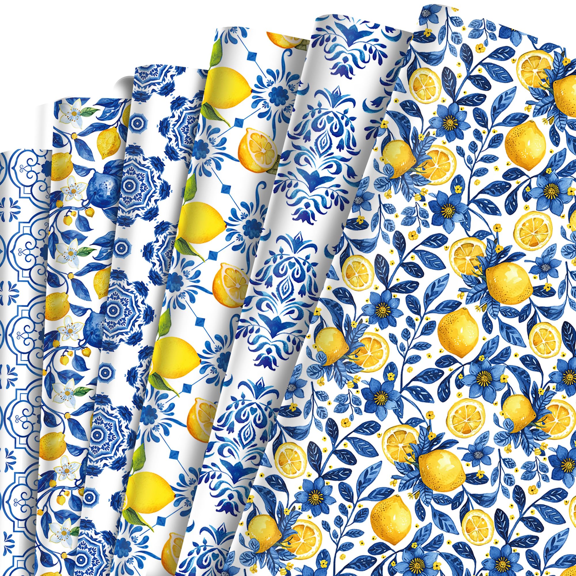 12 Blätt Geschenkpapier Zitronenblau und weißes Porzellan Muster,Doppelseitig Bedrucktes Geschenkpapier Geburtstag 6 Arten Blatt für Kinder,Urlaub,Geburtstag 50 x 68 cm